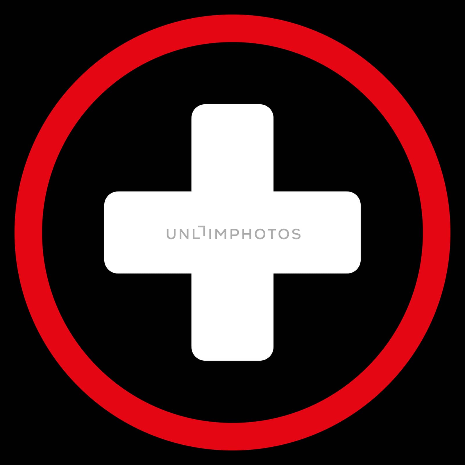 Rounded Plus glyph icon. Style is bicolor flat symbol, red and white colors, rounded angles, black background.