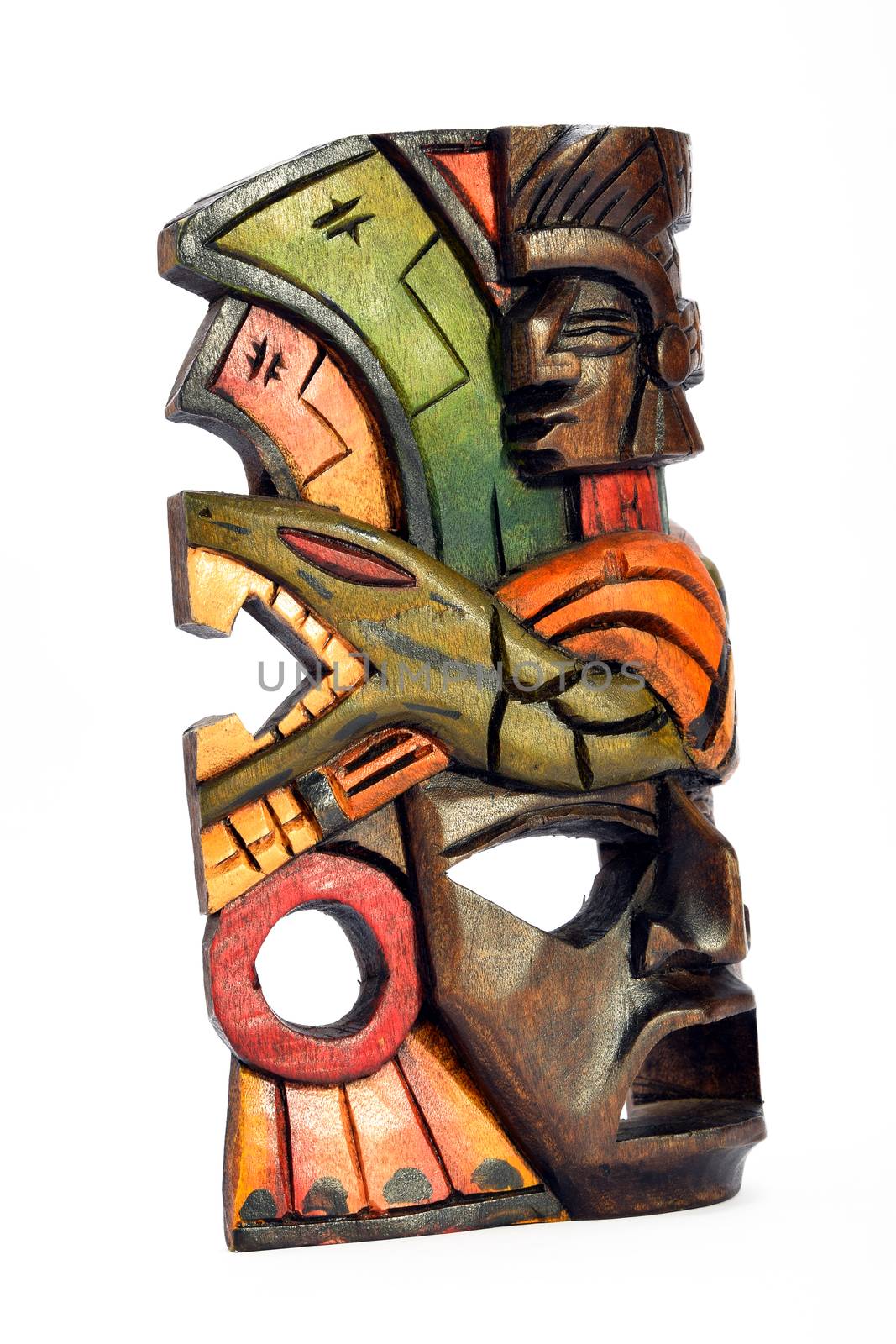 Indian Mayan Aztec wooden mask with anaconda and jaguar isolated by BreakingTheWalls