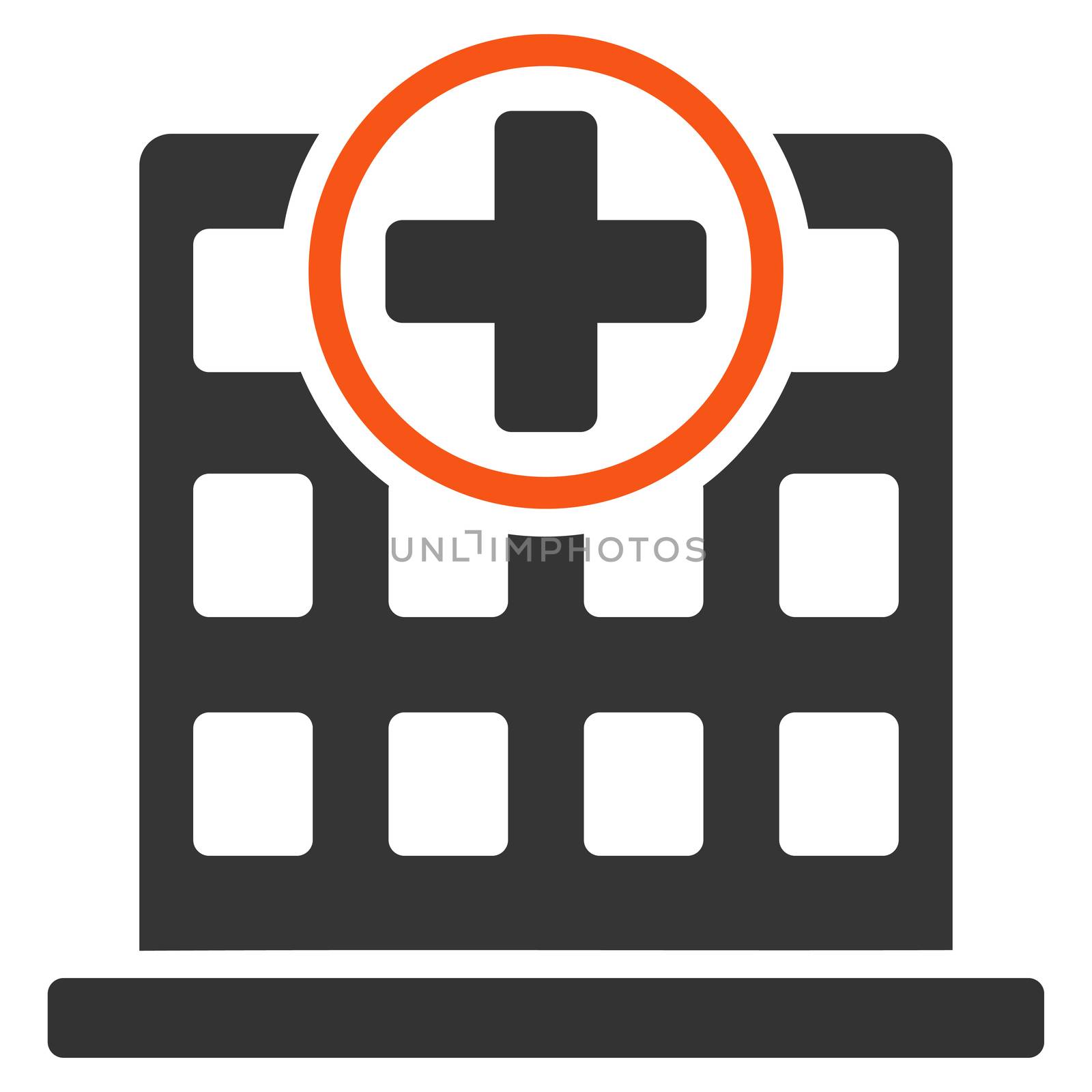 Clinic Building glyph icon. Style is bicolor flat symbol, orange and gray colors, rounded angles, white background.