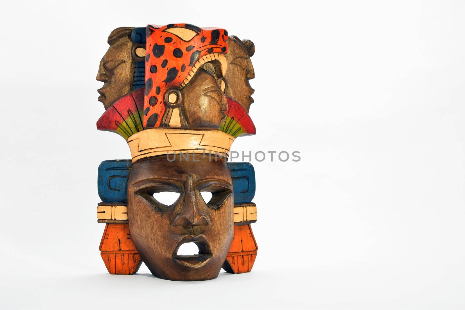 Indian Mayan Aztec wooden painted mask with roaring jaguar and h by BreakingTheWalls