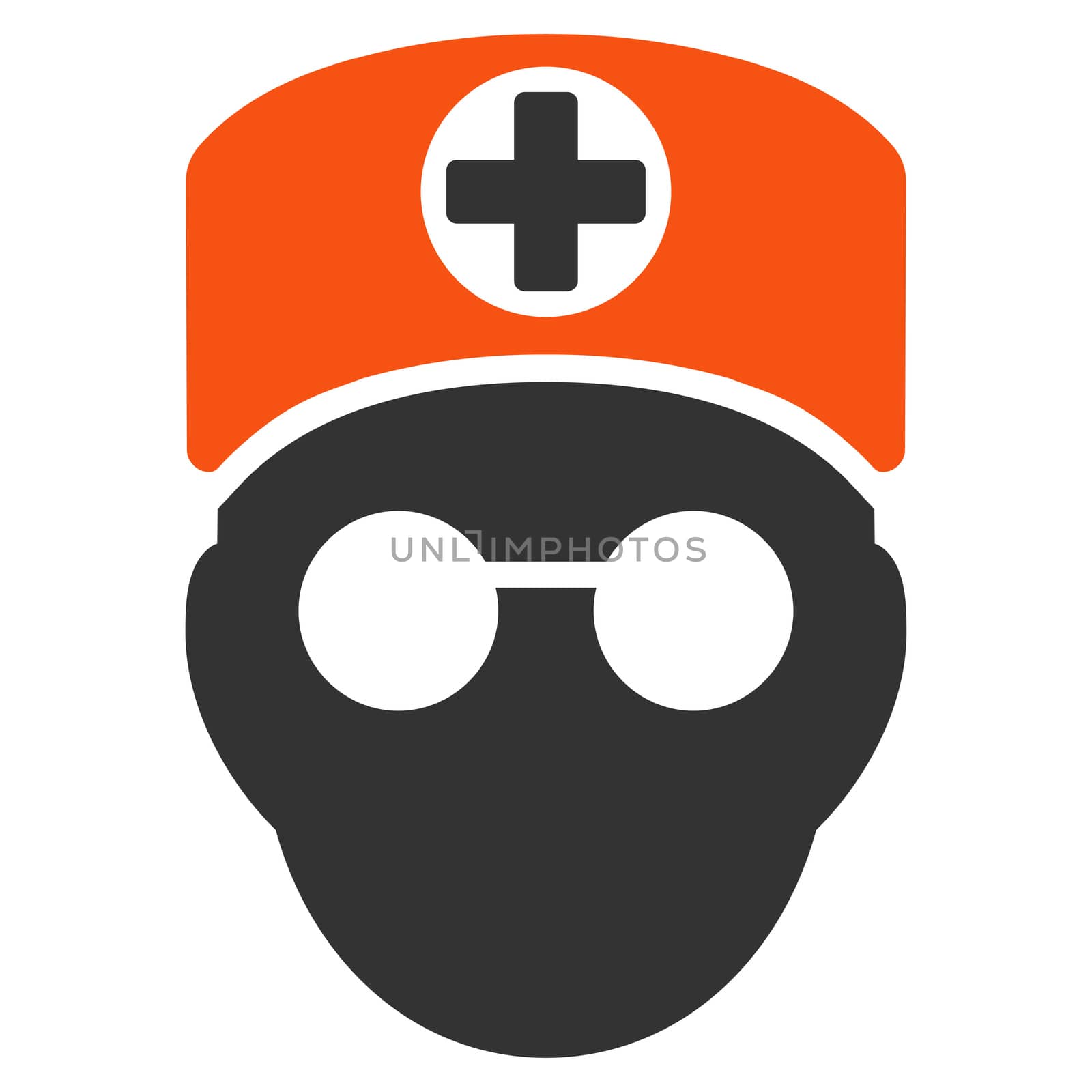 Doctor Head glyph icon. Style is bicolor flat symbol, orange and gray colors, rounded angles, white background.