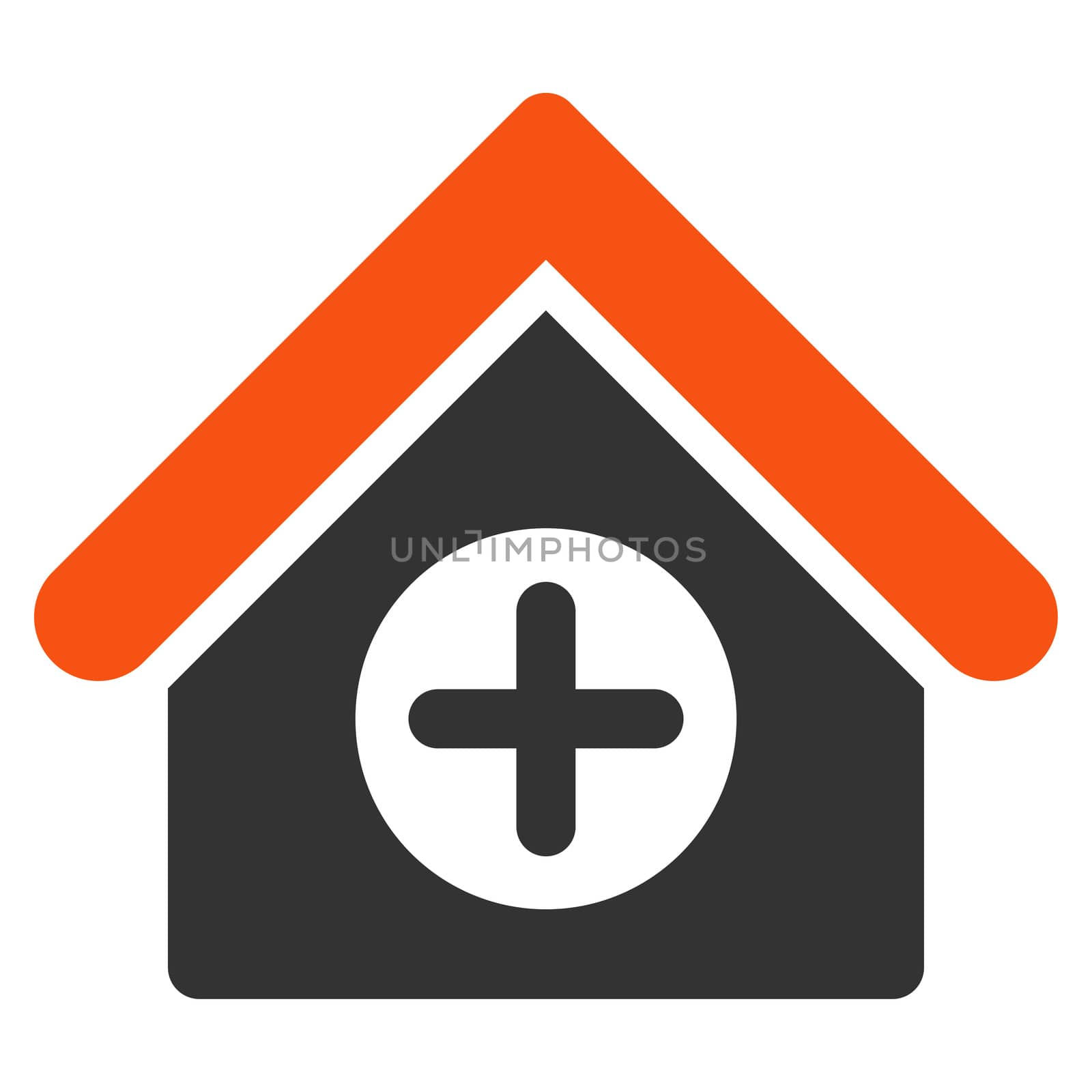 Hospital glyph icon. Style is bicolor flat symbol, orange and gray colors, rounded angles, white background.