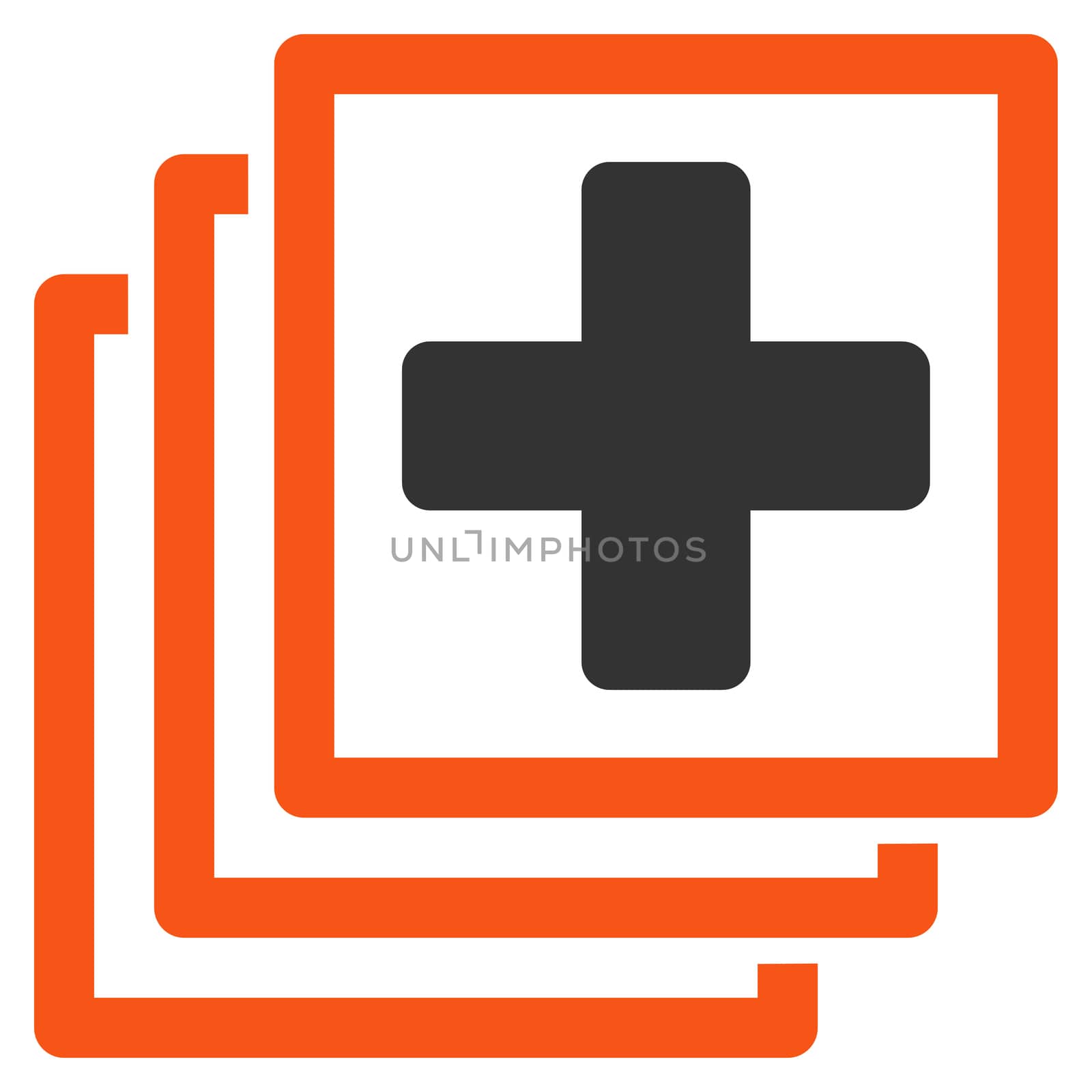 Medical Docs glyph icon. Style is bicolor flat symbol, orange and gray colors, rounded angles, white background.