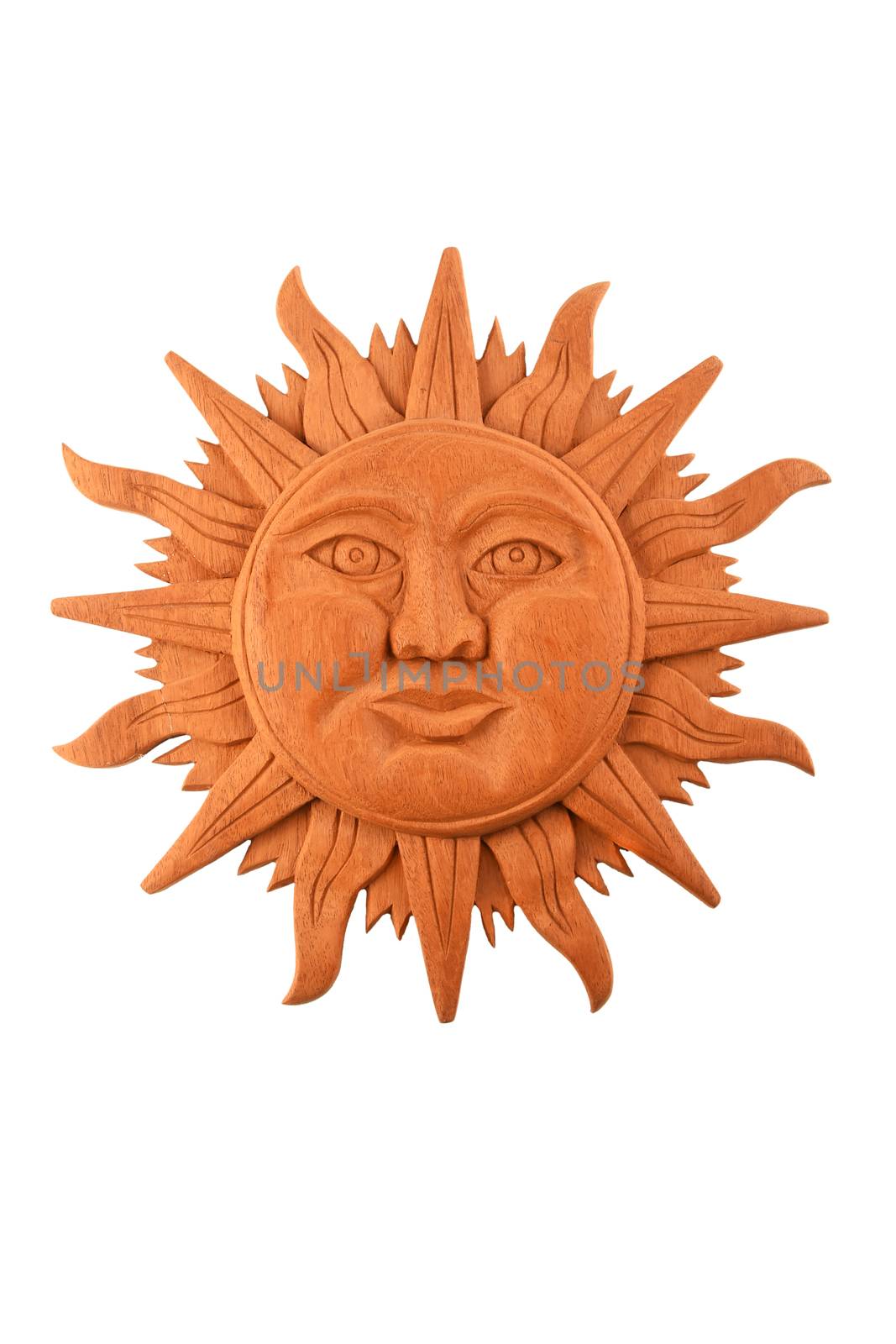 Mexican wooden carved Mayan sun symbol plate isolated on white by BreakingTheWalls