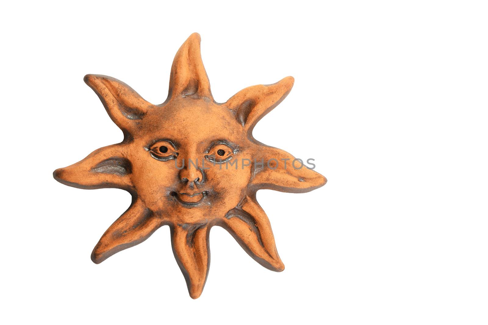 Smiling glazed ceramic sun happy face souvenir isolated on white by BreakingTheWalls