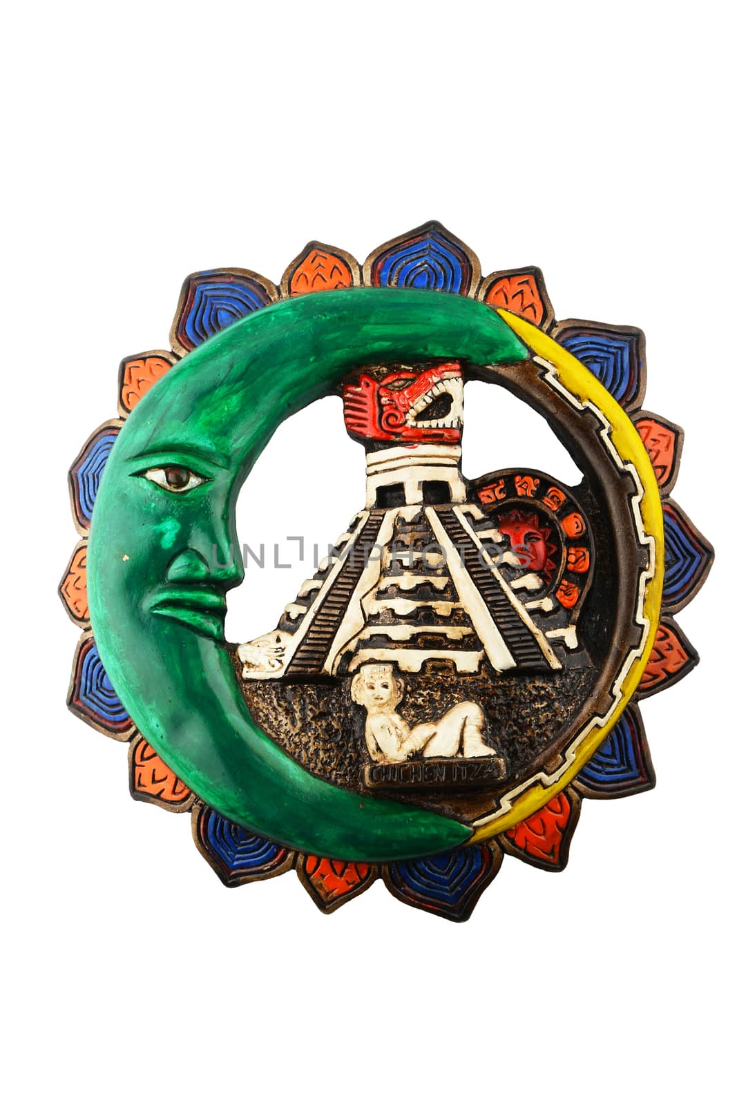 Mexican Mayan Chichen Itza souvenir ceramic painted plate with Moon, pyramid and girl isolated on white