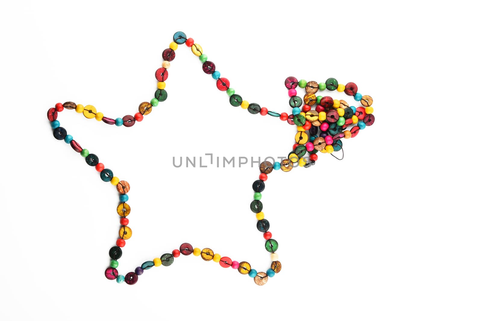 Star shaped colorful handmade wooden round beads necklace isolated on white
