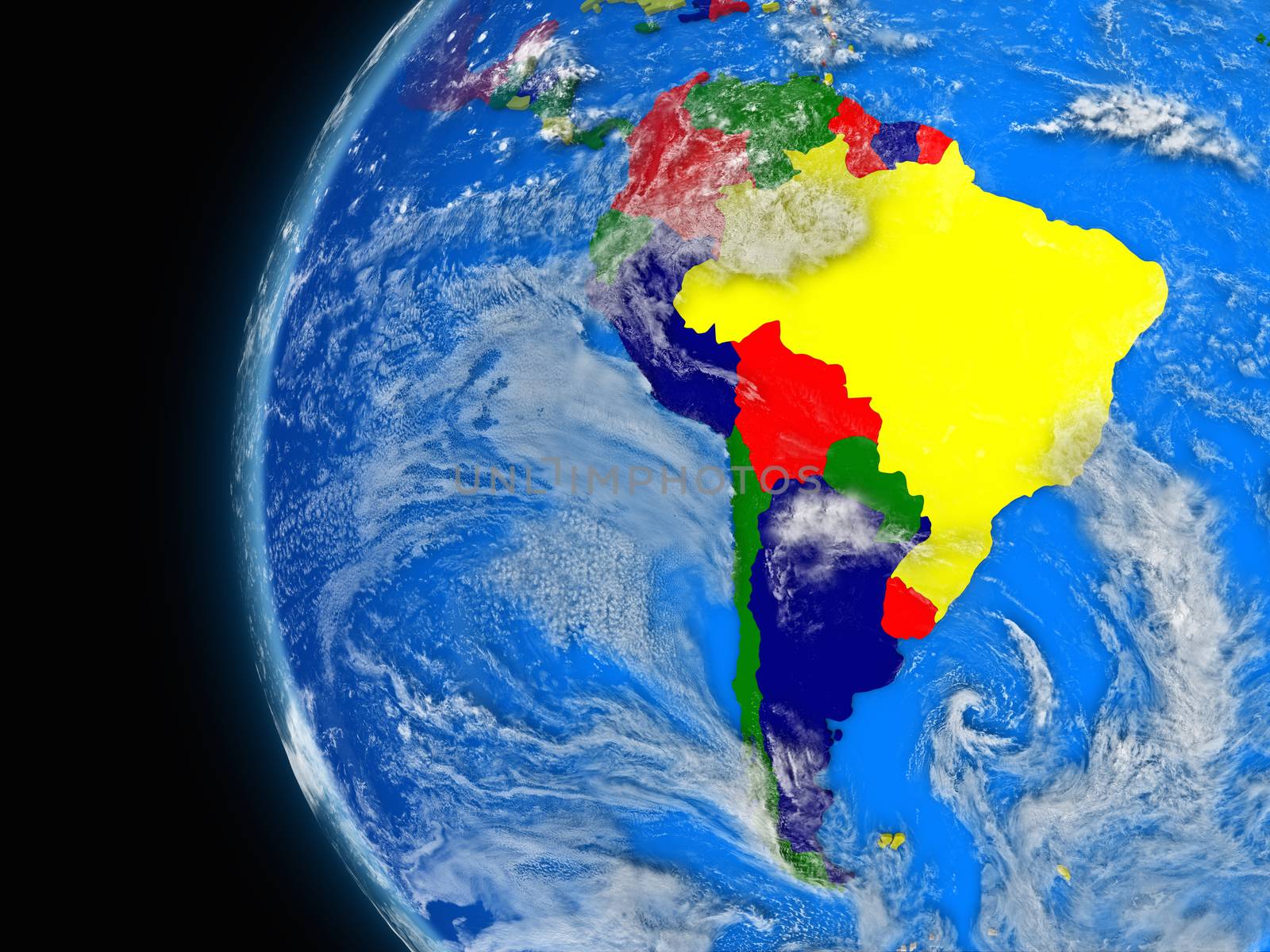 Illustration of south american continent on political globe with atmospheric features and clouds