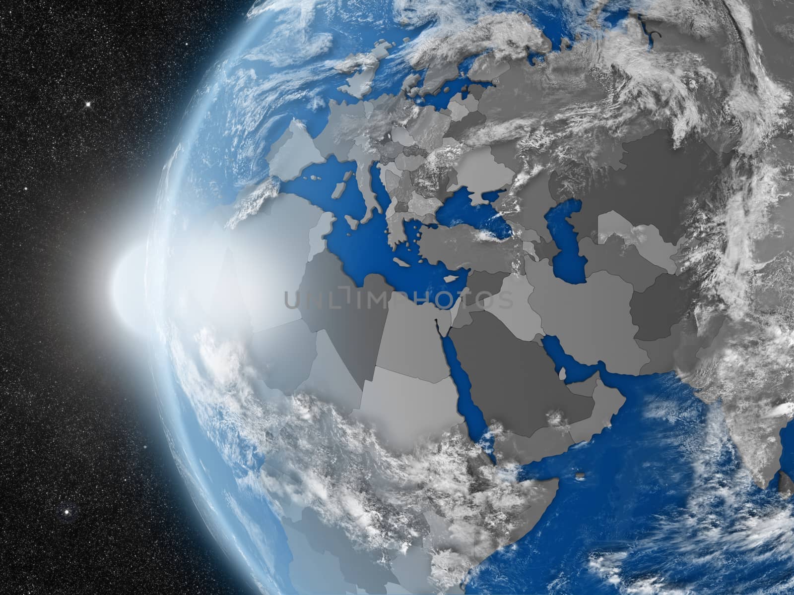 Concept of planet Earth as seen from space but with political borders aimed at EMEA region