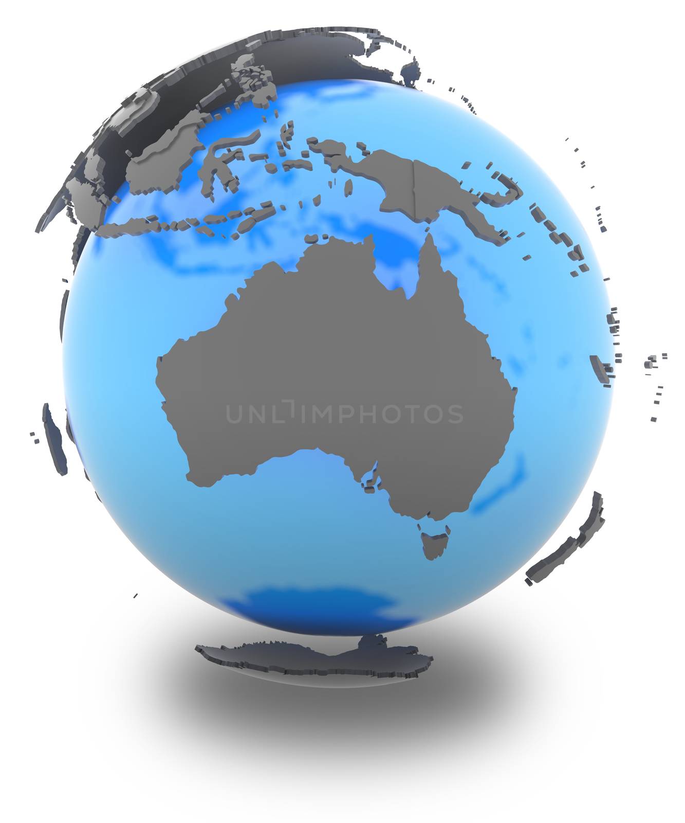 Australia standing out of blue Earth in grey, isolated on white background