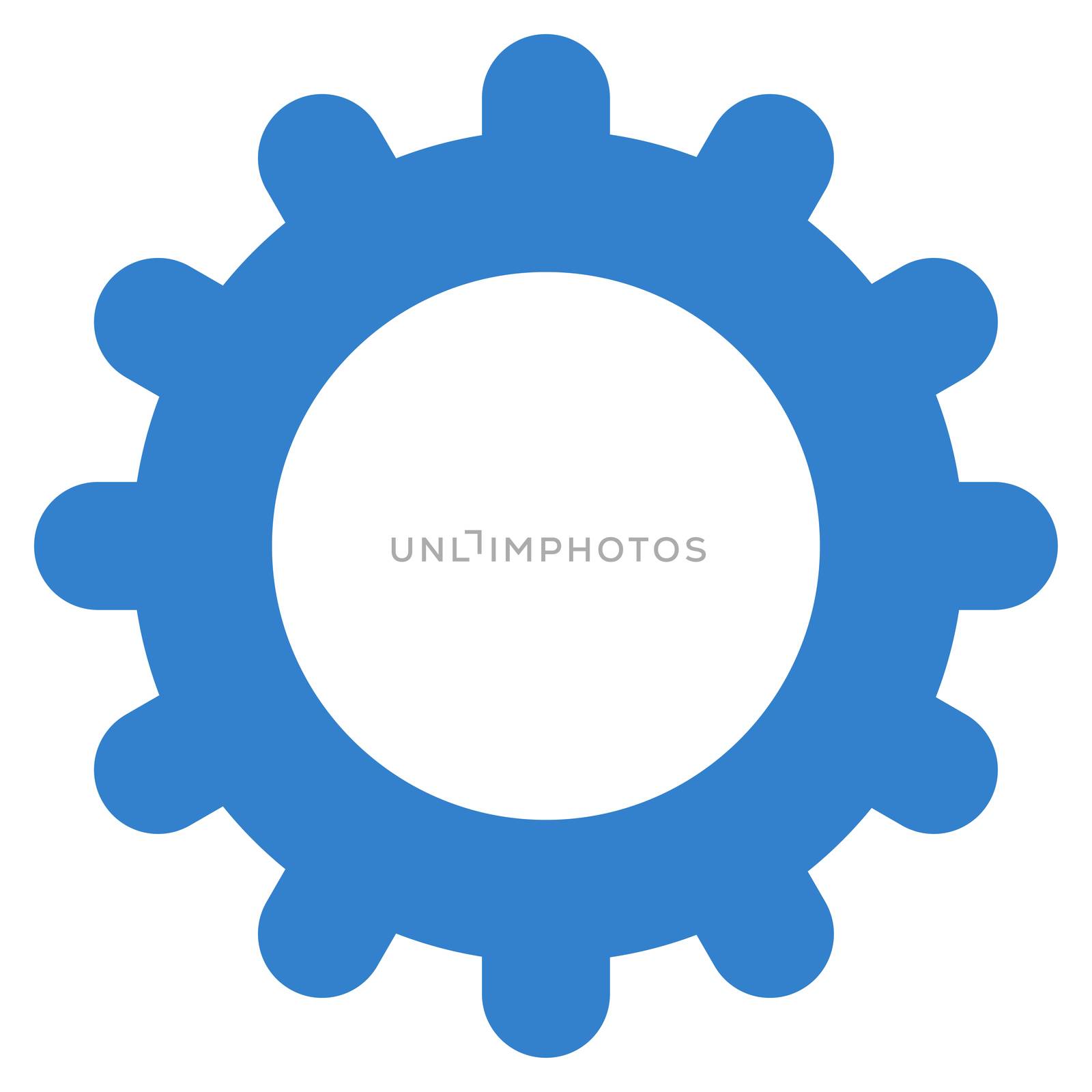 Gear icon from Primitive Set. This isolated flat symbol is drawn with cobalt color on a white background, angles are rounded.