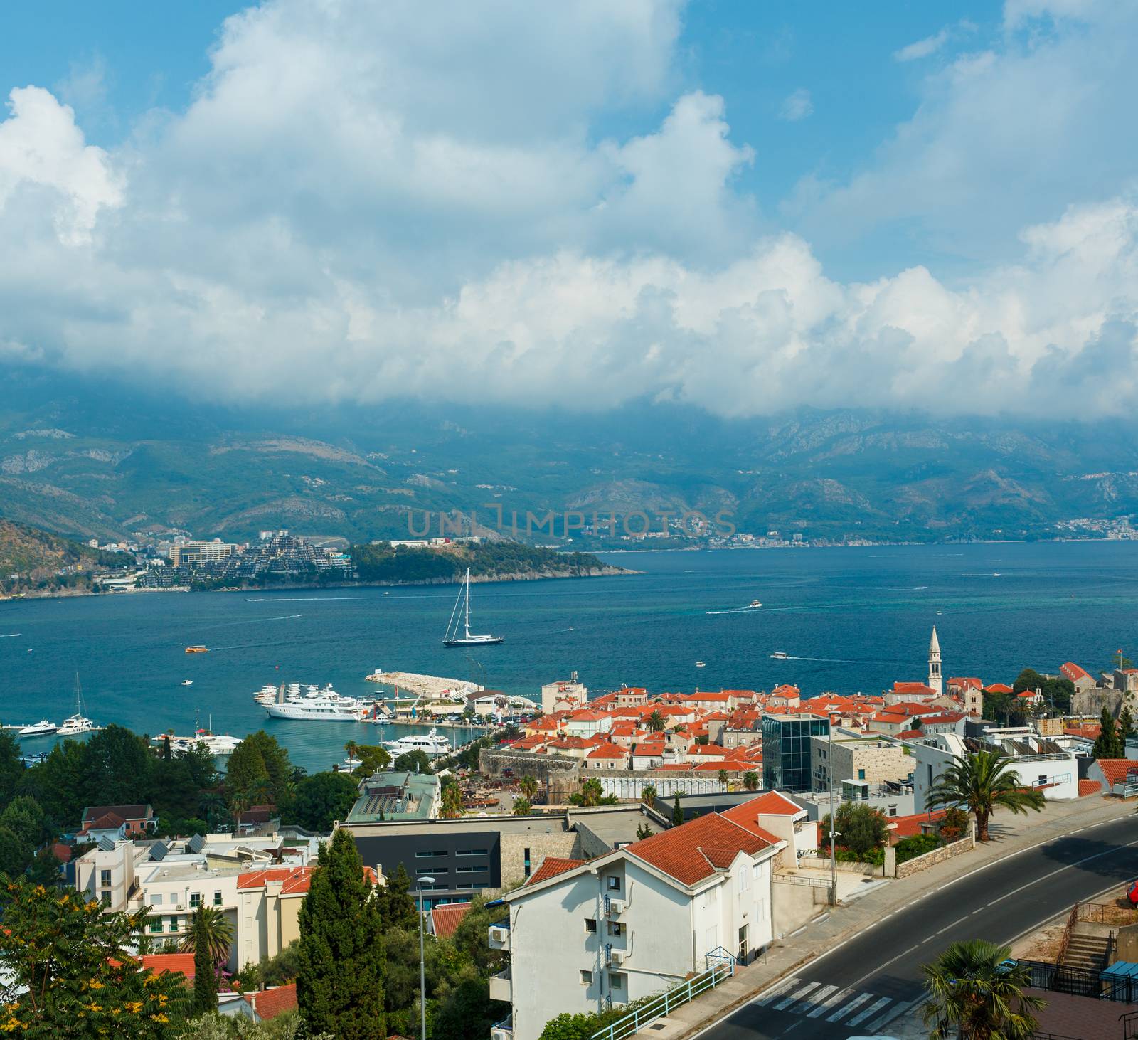 Top view of the seacoast of Budva, Montenegro, Balkans