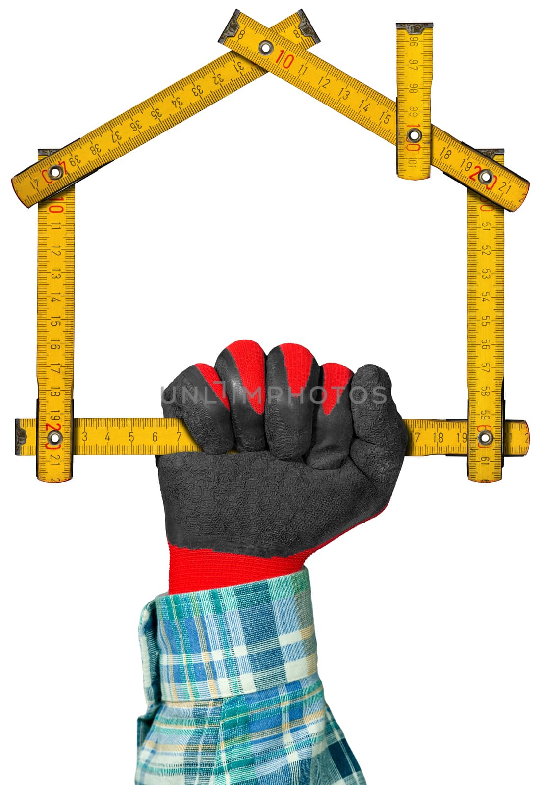 Hand with red and black work glove holding a yellow wooden meter ruler in the shape of house isolated on white background. Concept of house project 
