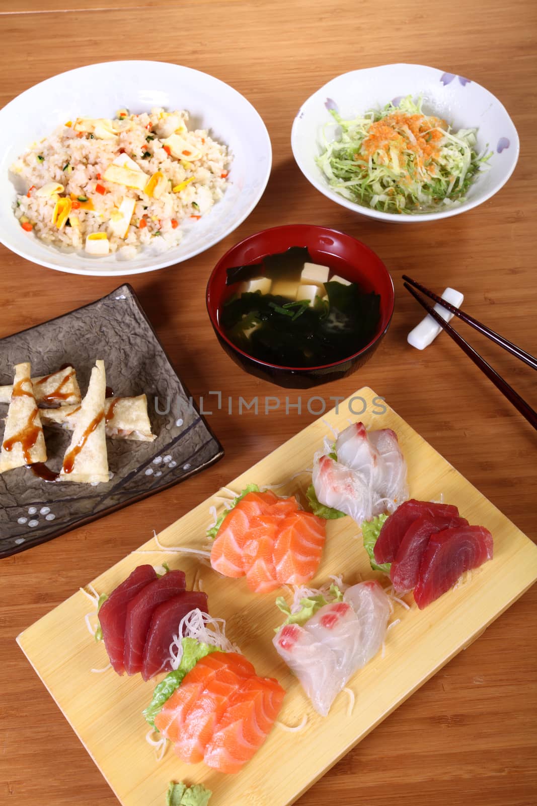 complete japanese menu with sushi rice and vegetables