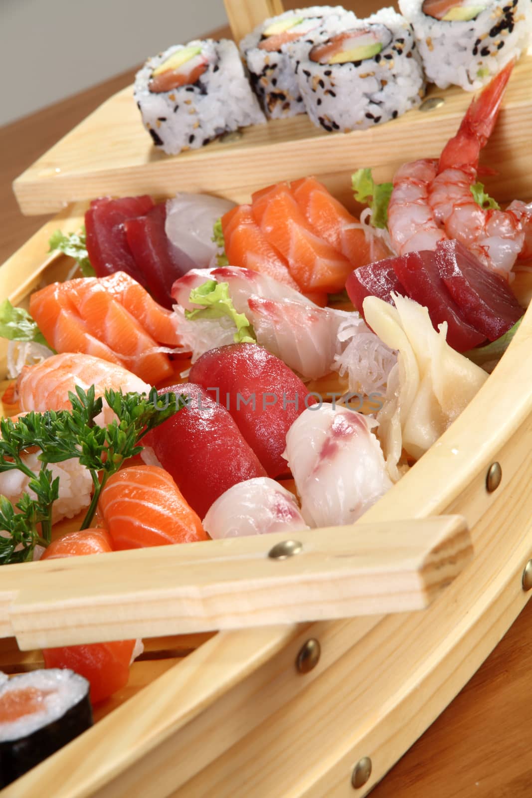 less of sushi on wooden tray