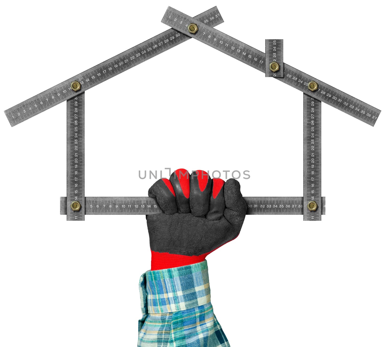 Hand with red and black work glove holding a metal meter ruler in the shape of house isolated on white background. Concept of house project 