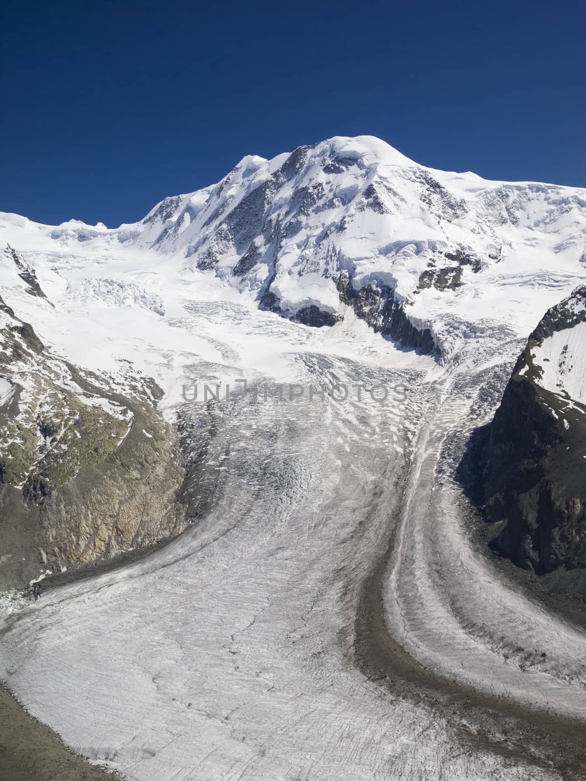 The Gorner Glacier, a valley glacier on the west side of the Monte Rosa Massif, close to Zermatt, Switzerland. It was the second largest glacial system in the Alps after the Aletsch Glacier system.