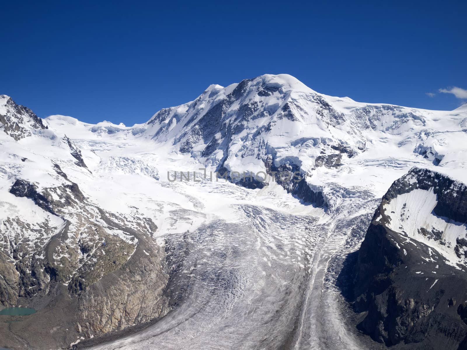 The Gorner Glacier, a valley glacier on the west side of the Monte Rosa Massif, close to Zermatt, Switzerland. It was the second largest glacial system in the Alps after the Aletsch Glacier system.