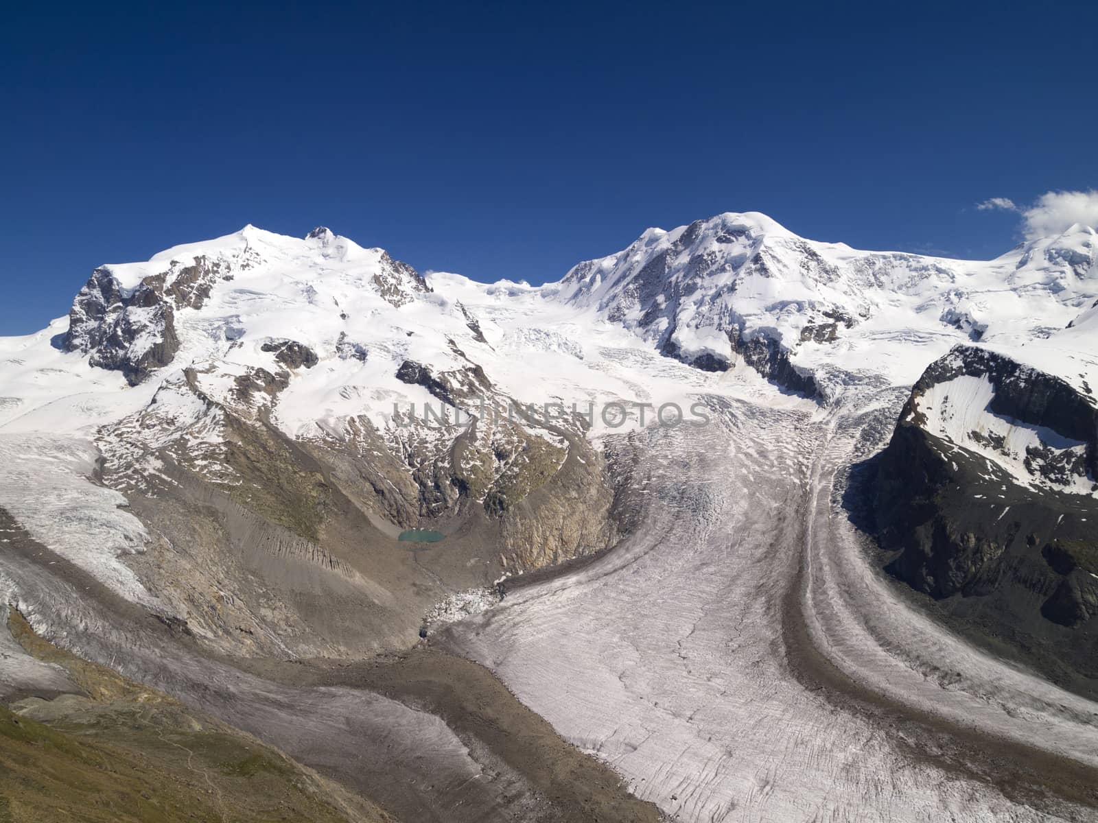 The Gorner Glacier, a valley glacier on the west side of the Monte Rosa Massif, close to Zermatt, Switzerland. It was the second largest glacial system in the Alps after the Aletsch Glacier system.