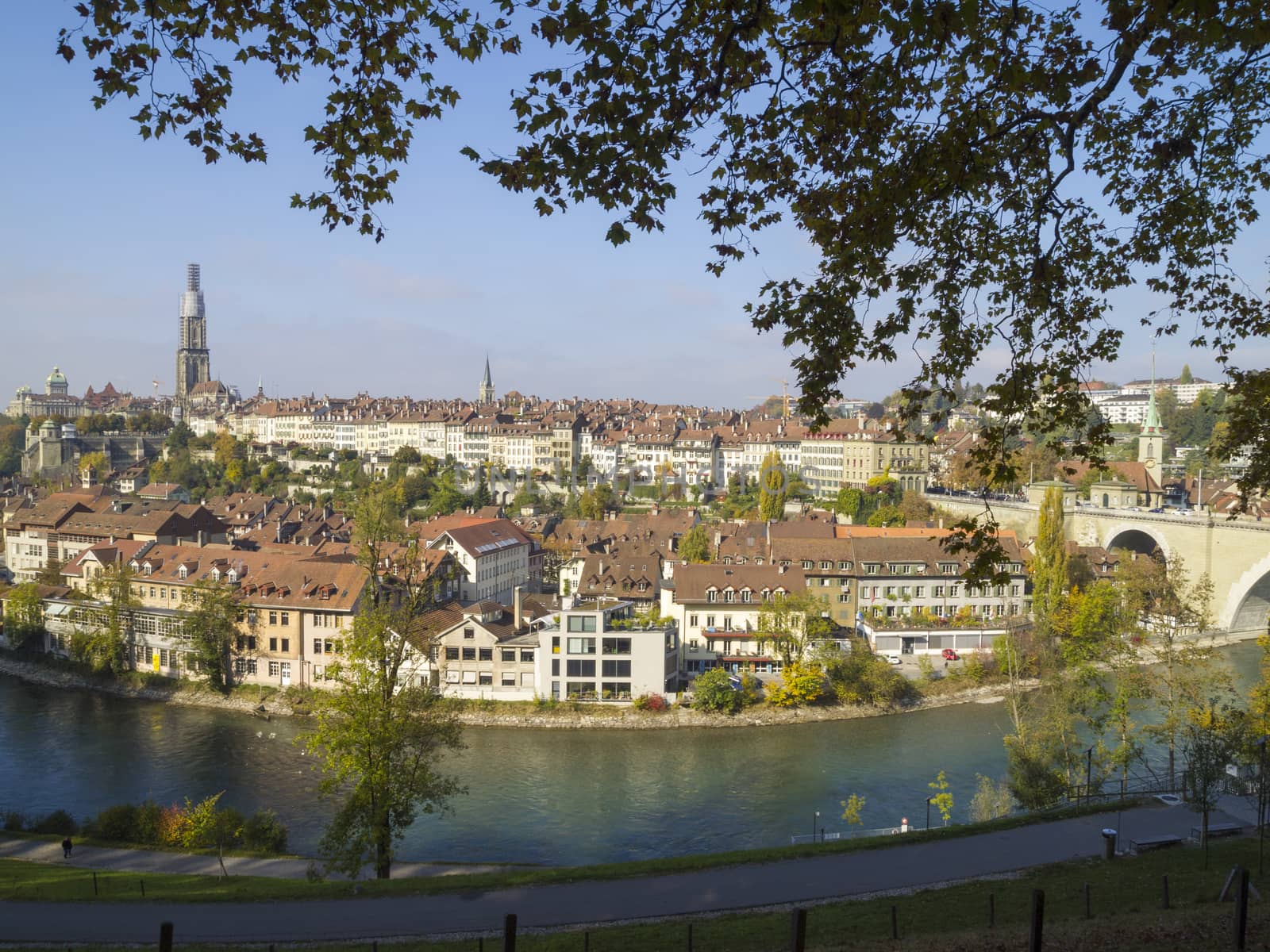 Cityscape of Bern or Berne, the capital city of Switzerland. In 1983 the historic old town in the centre of Bern became a UNESCO World Heritage Site.