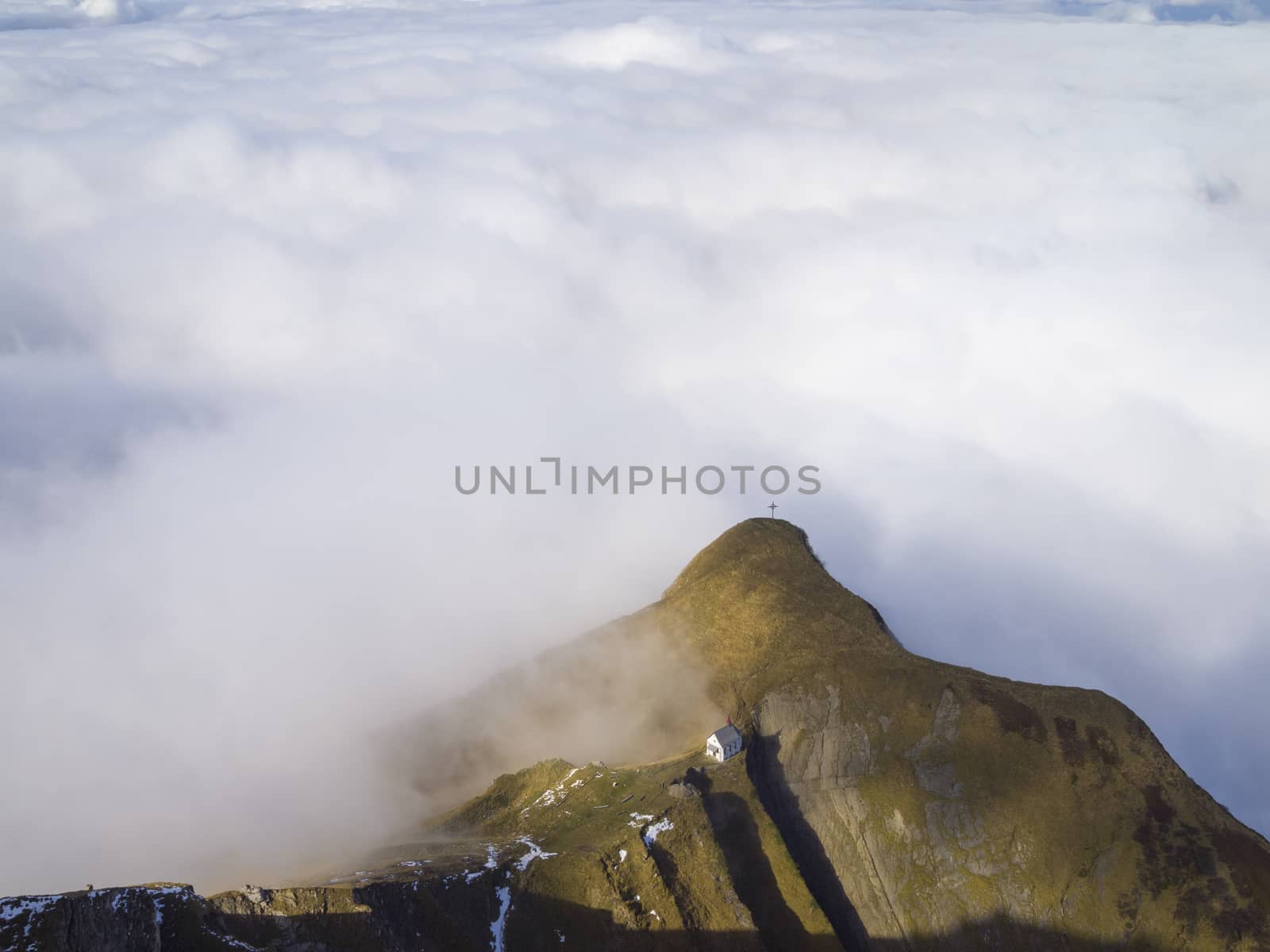 Chapel on Klimsenhorn, view from Pilatus mountain, Lucerne, Switzerland.