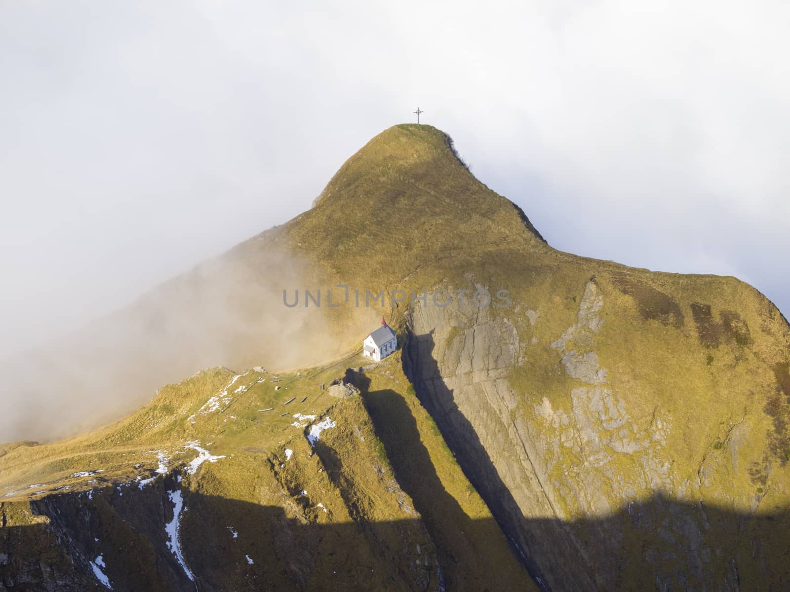 Chapel on Klimsenhorn, view from Pilatus mountain, Lucerne, Switzerland.