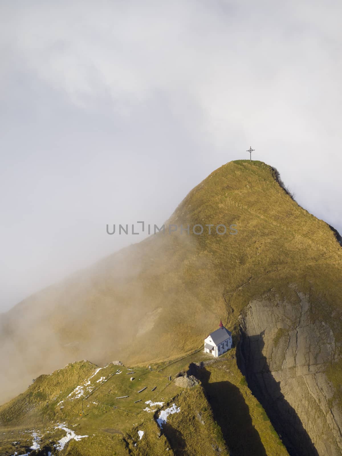 Chapel on Klimsenhorn, view from Mount Pilatus, Lucerne, Switzerland.