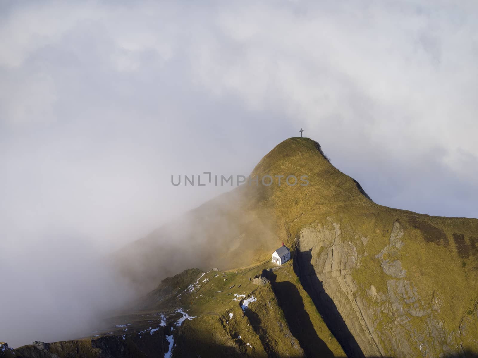 Chapel on Klimsenhorn, view from Pilatus mountain, Lucerne, Switzerland.