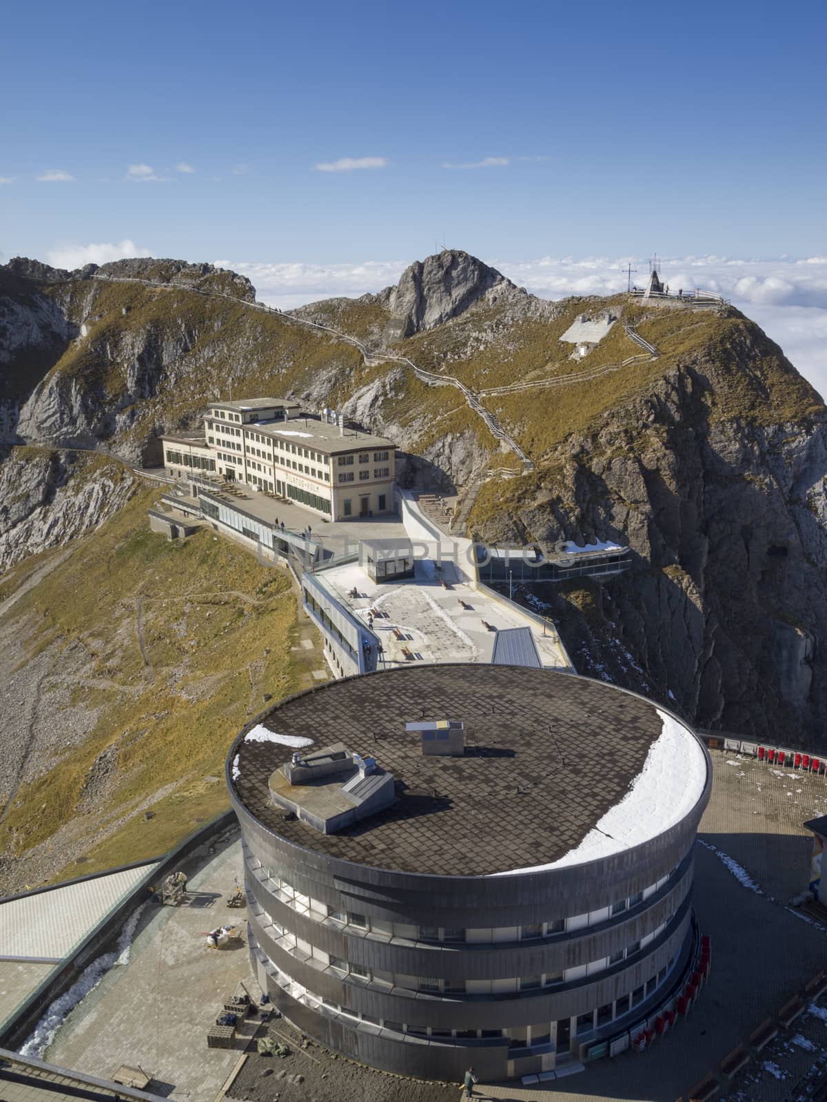 Pilatus Kulm station near the summit of Mount Pilatus on the border between the canton of Obwalden and Nidwalden in Central Switzerland.