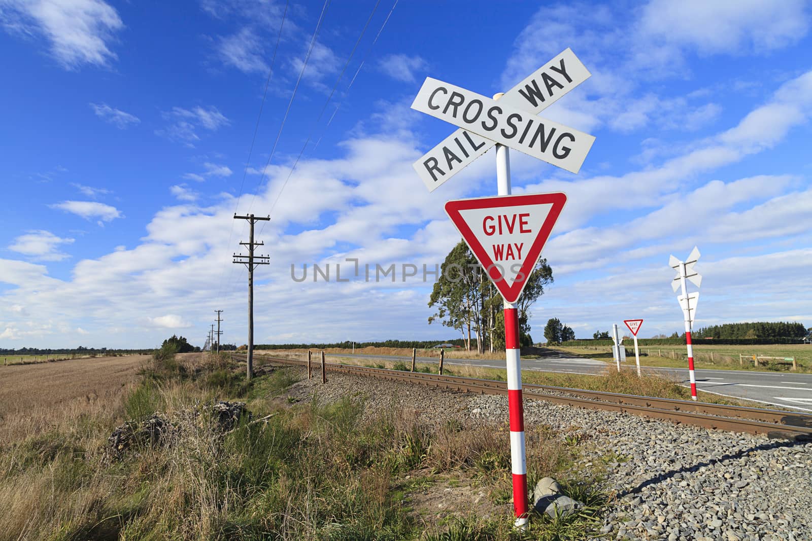 Railway crossing and give way sign, New Zealand.