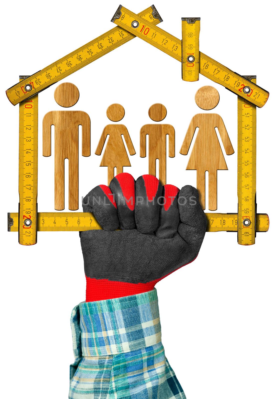 Hand with work glove holding a wooden meter ruler in the shape of house with symbol of a family. Isolated on white. Concept of house project 
