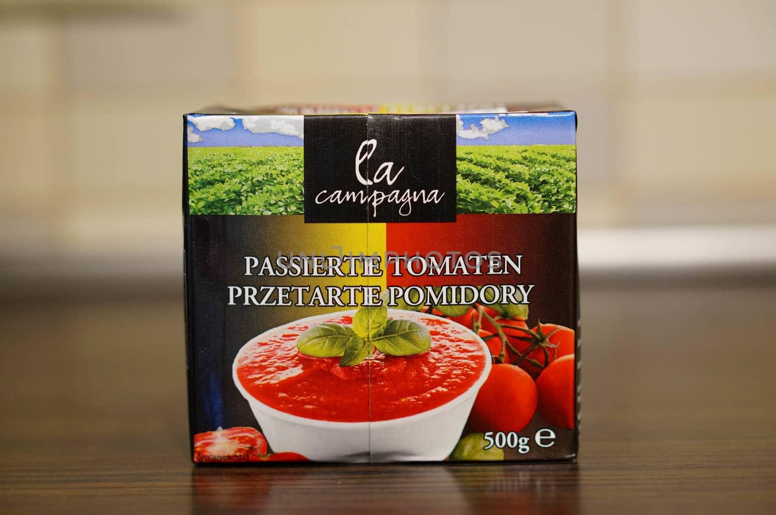 POZNAN, POLAND - SEPTEMBER 24, 2015: La Campagna blend tomato in a box