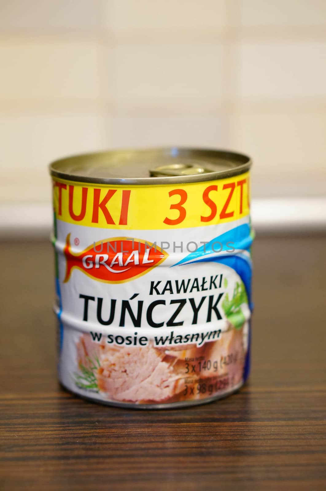 POZNAN, POLAND - SEPTEMBER 24, 2015: Graal tuna fish in cans