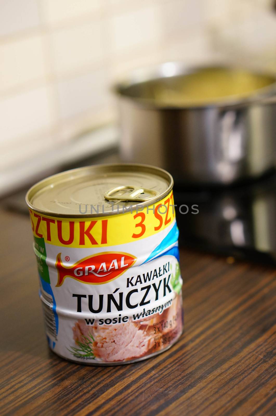 POZNAN, POLAND - SEPTEMBER 24, 2015: Graal tuna fish in cans