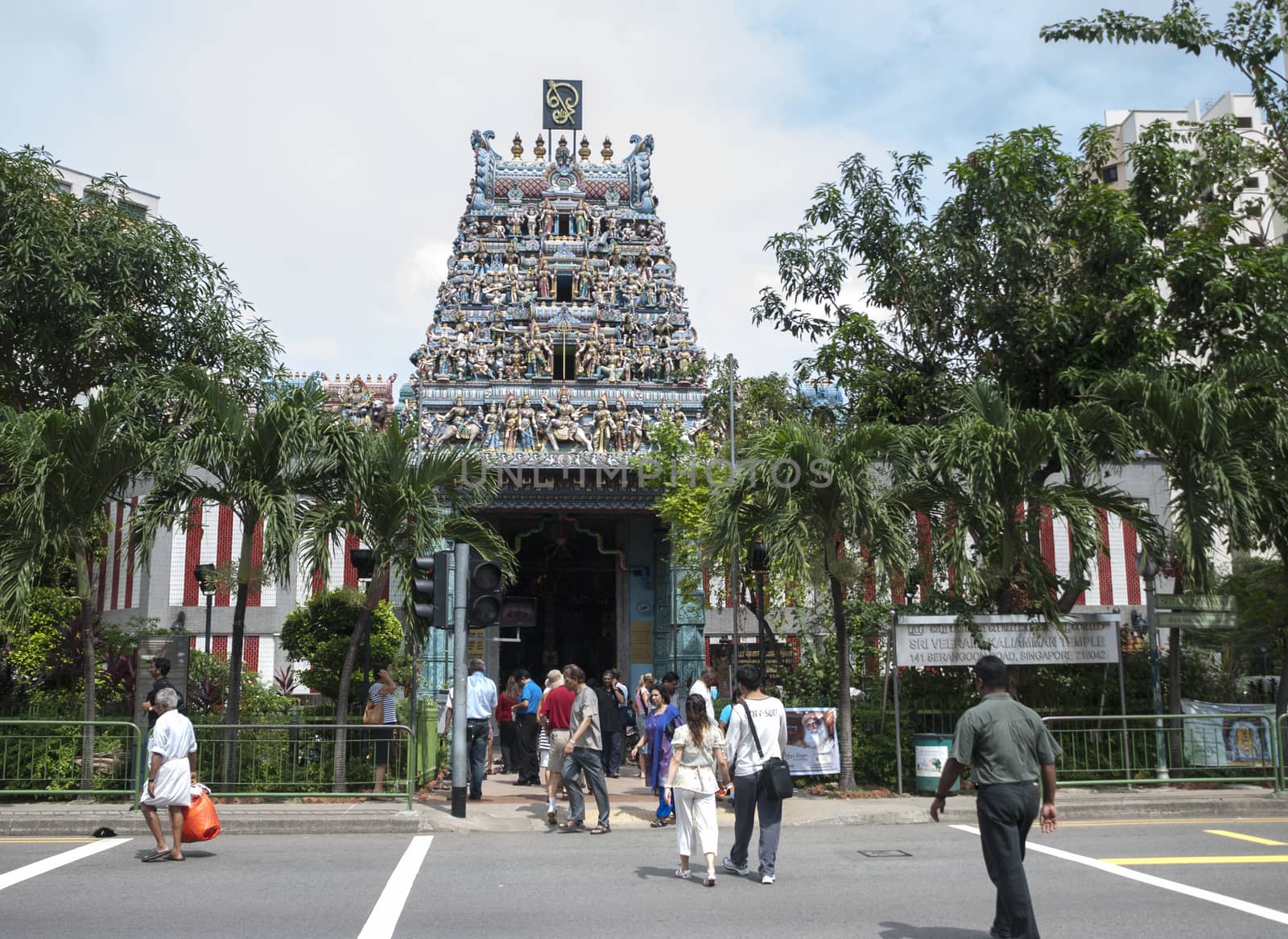 SINGAPORE - MARCH 10, 2007: The Sri Veerama Kaliamman Temple in ethnic district Little India in Singapore . Little India is commonly known as Tekka in the local Tamil community.