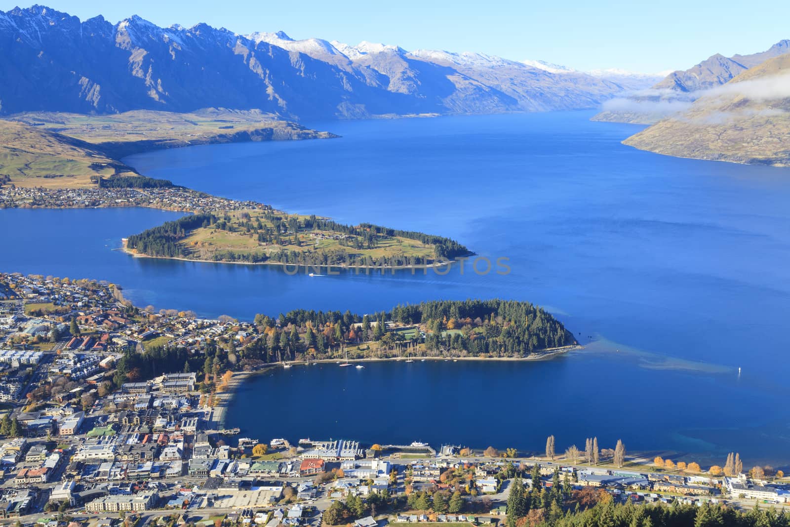 Queenstown view from above, Otago region, South Island, New Zealand.
