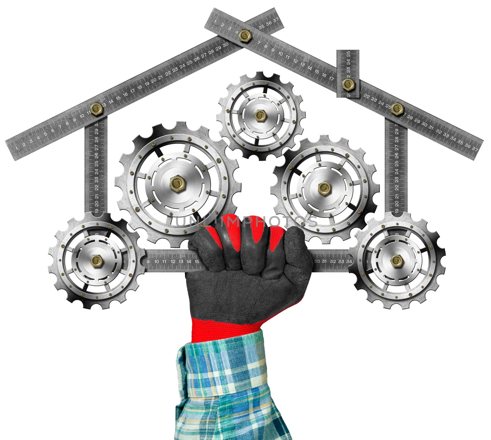 Hand with work glove holding a metal meter ruler in the shape of house with gears, symbol of house industry. Isolated on a white background