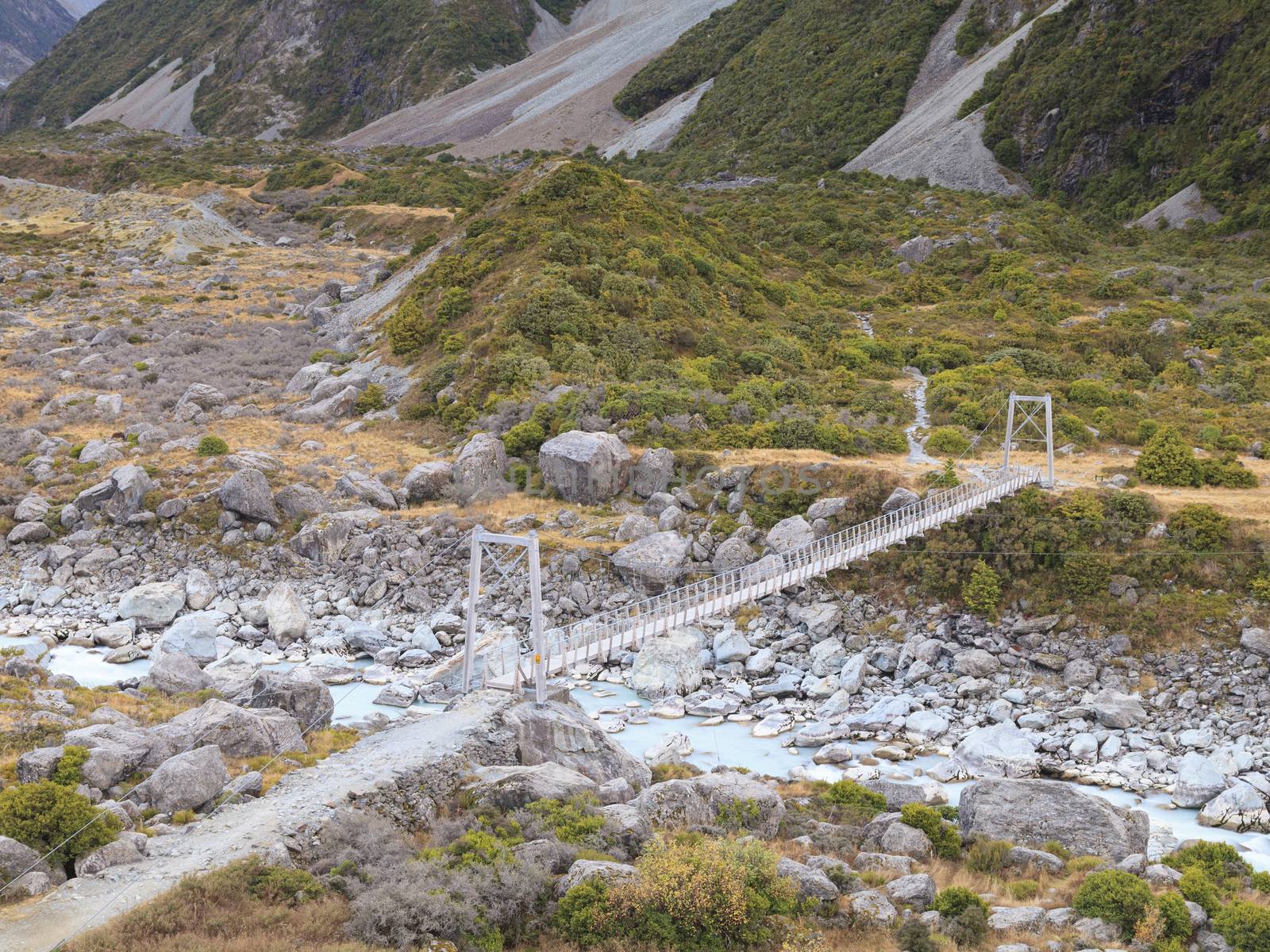 Bridge over Hooker River in Aoraki/Mount Cook national park, Canterbury, New Zealand.