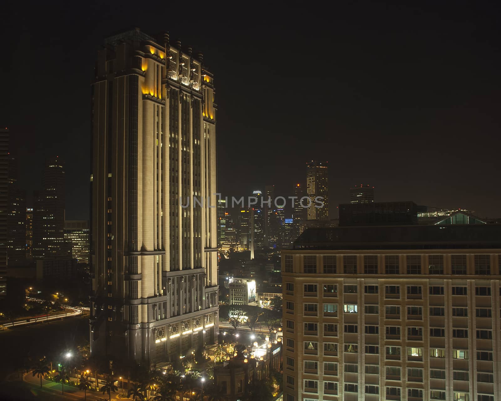 skyline singapore by night with big architecture and lights with palmtrees surrounding the buildings