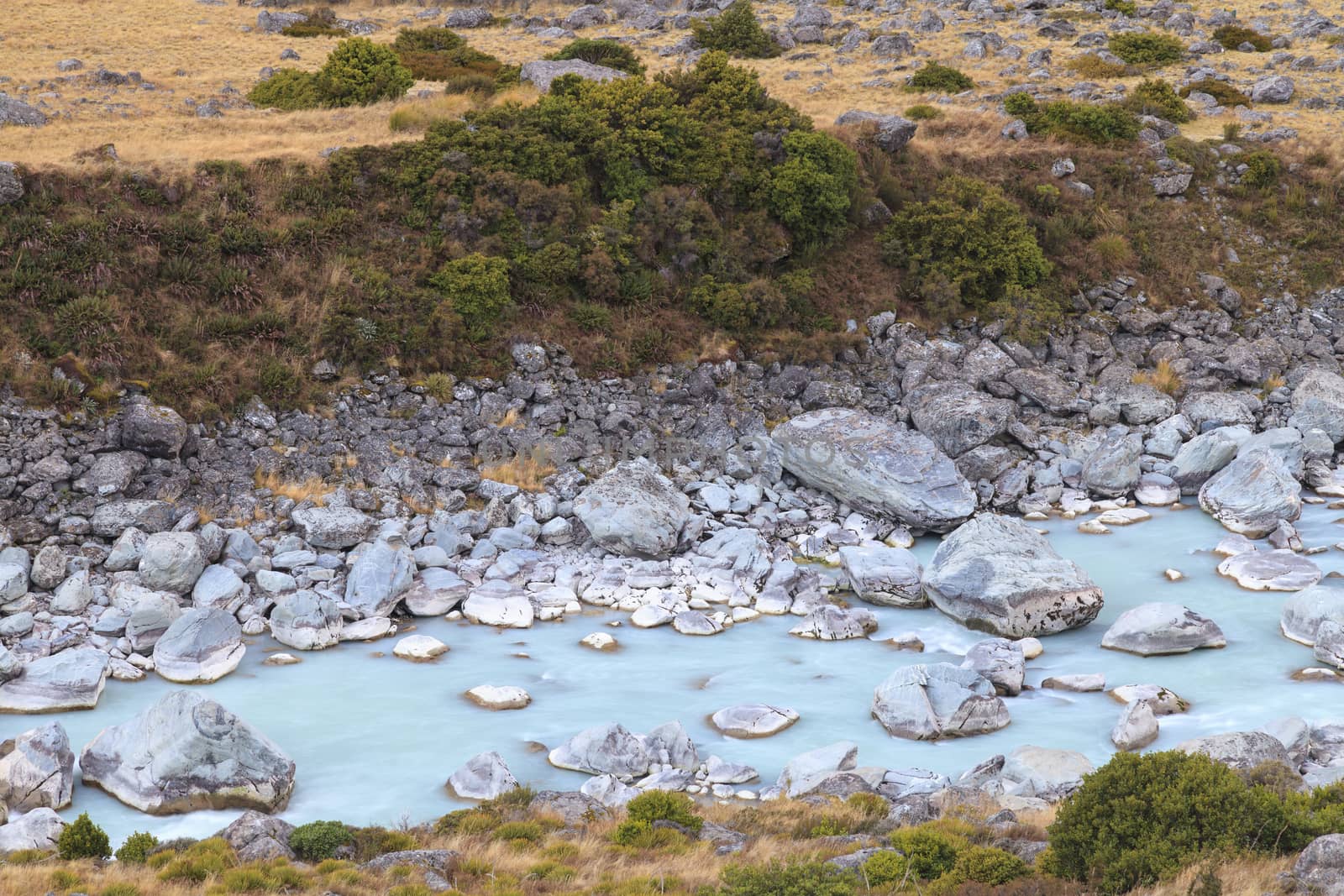 Hooker river in Hooker Valley, Aoraki Mount Cook National Park, Canterbury region, South Island, New Zealand.