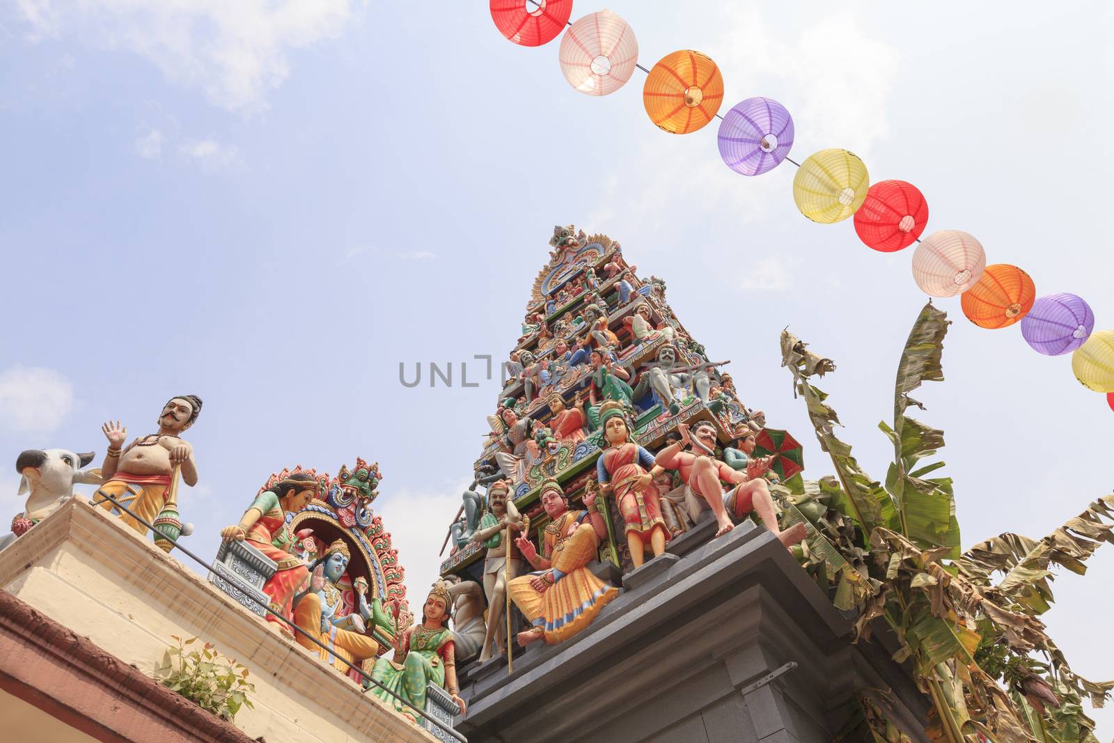 Detail of colorful Sri Mariamman temple, the oldest Hindu temple in Singapore. Located on South Bridge Road in the Chinatown District of Singapore.