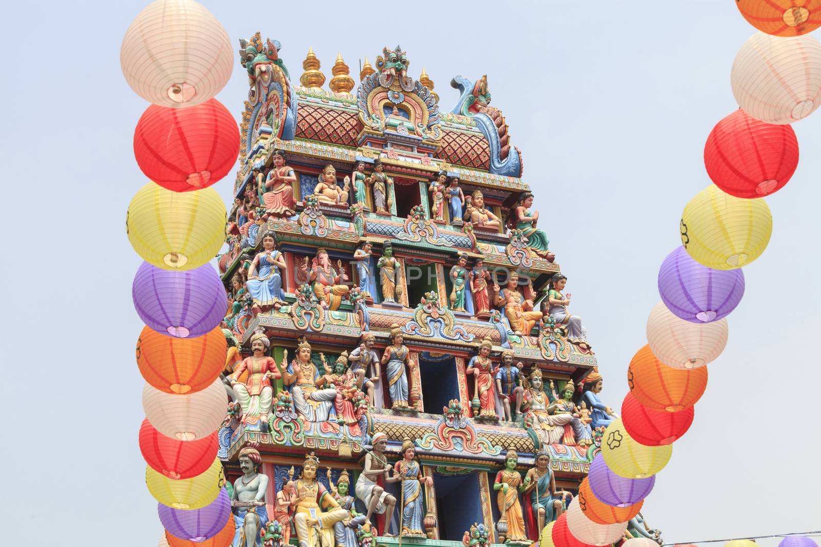 Detail of colorful Sri Mariamman temple, the oldest Hindu temple in Singapore. Located on South Bridge Road in the Chinatown District of Singapore.