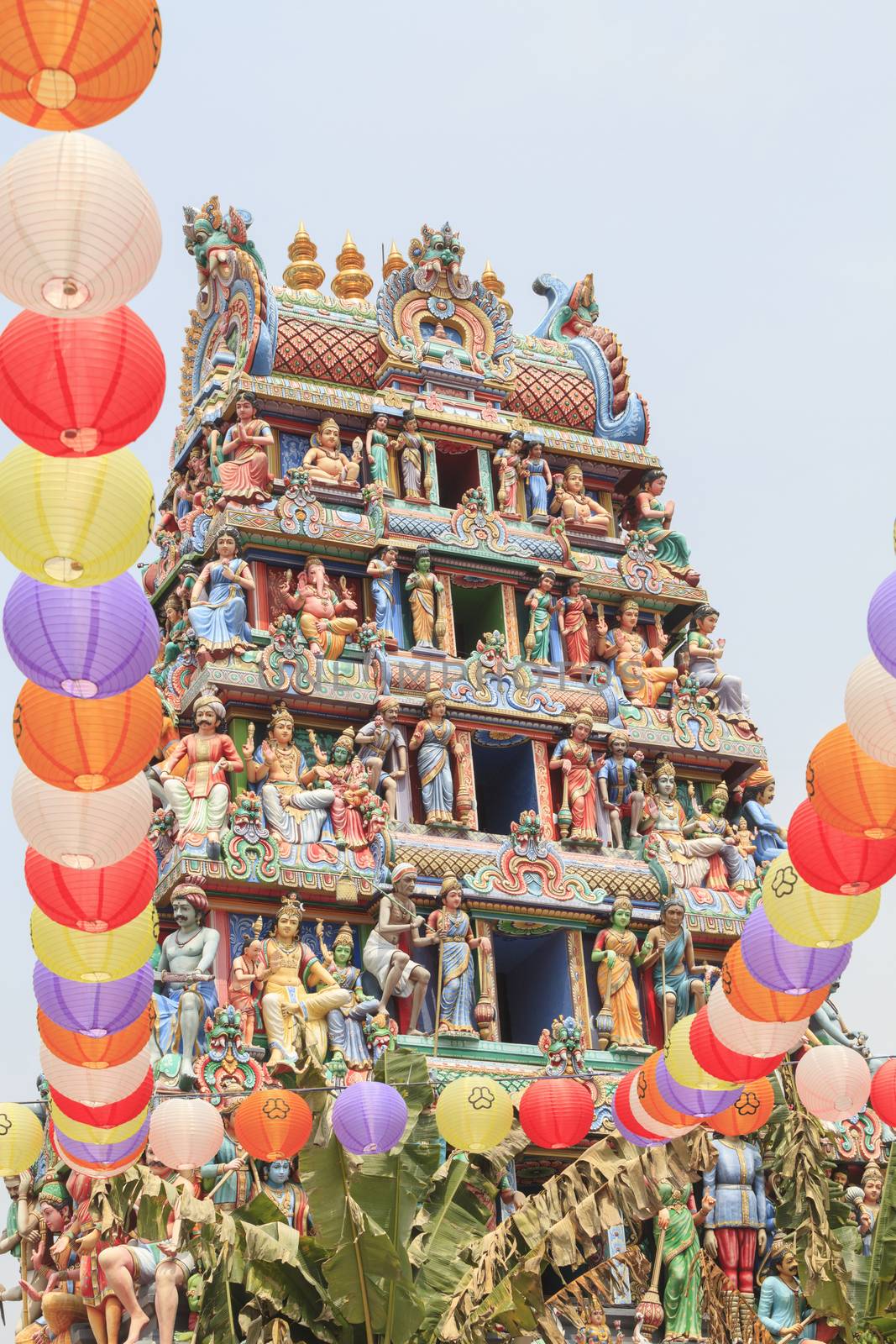 Detail of colorful Sri Mariamman temple, the oldest Hindu temple in Singapore. Located on South Bridge Road in the Chinatown District of Singapore.