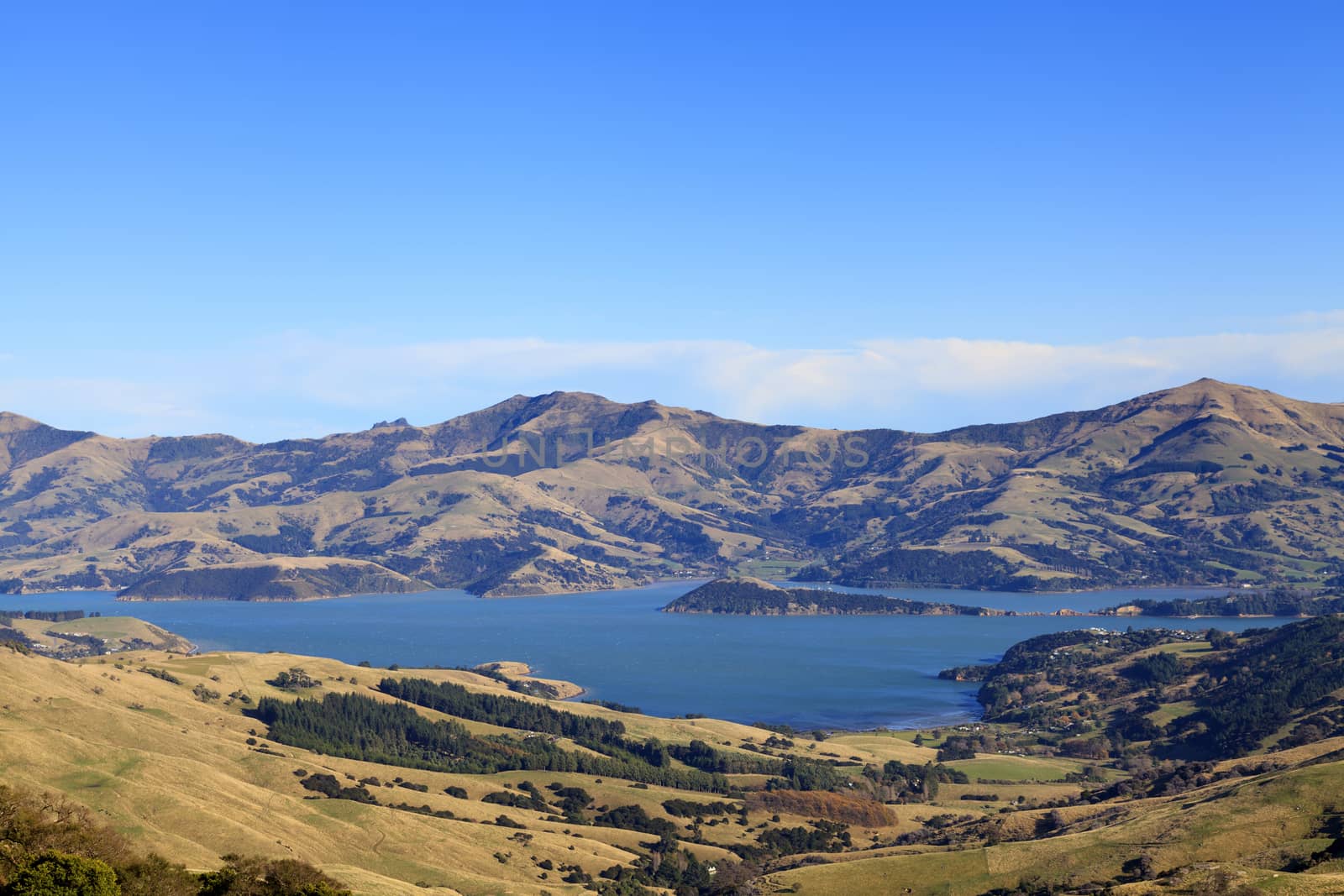 View of the coastline around Akaroa harbour, Canterbury region, South Island of New Zealand.