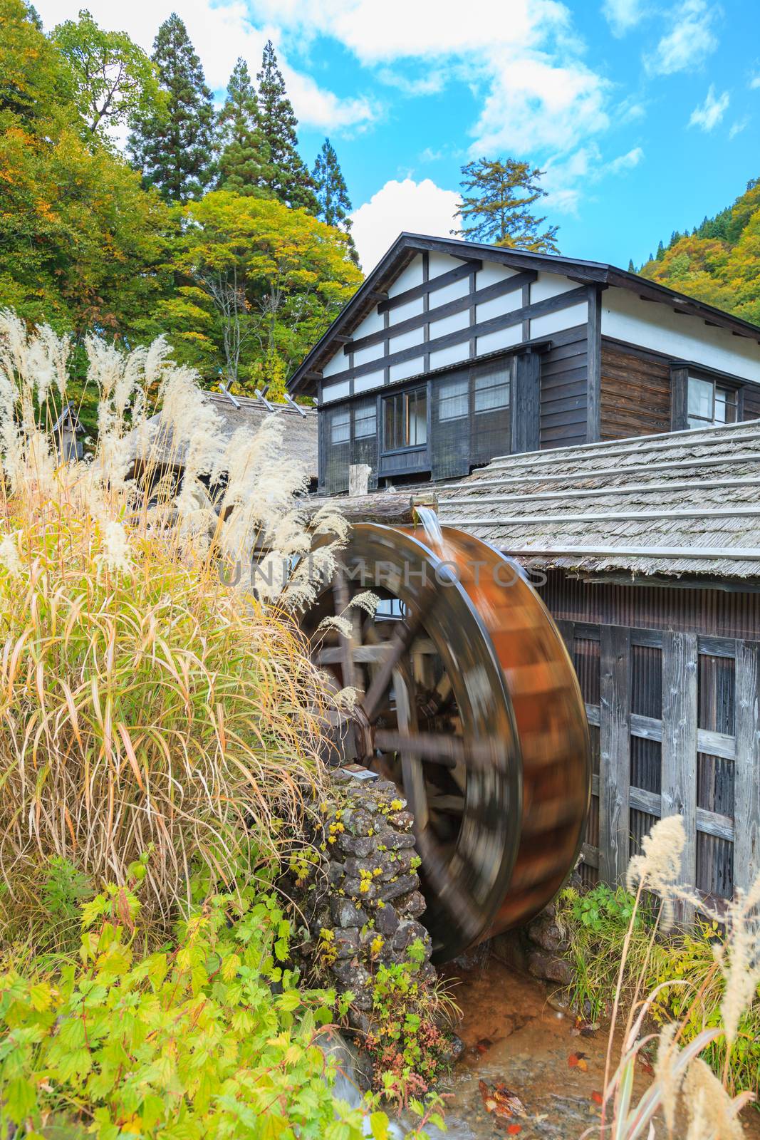 Old Japanese farmhouse with water mill in autumn.