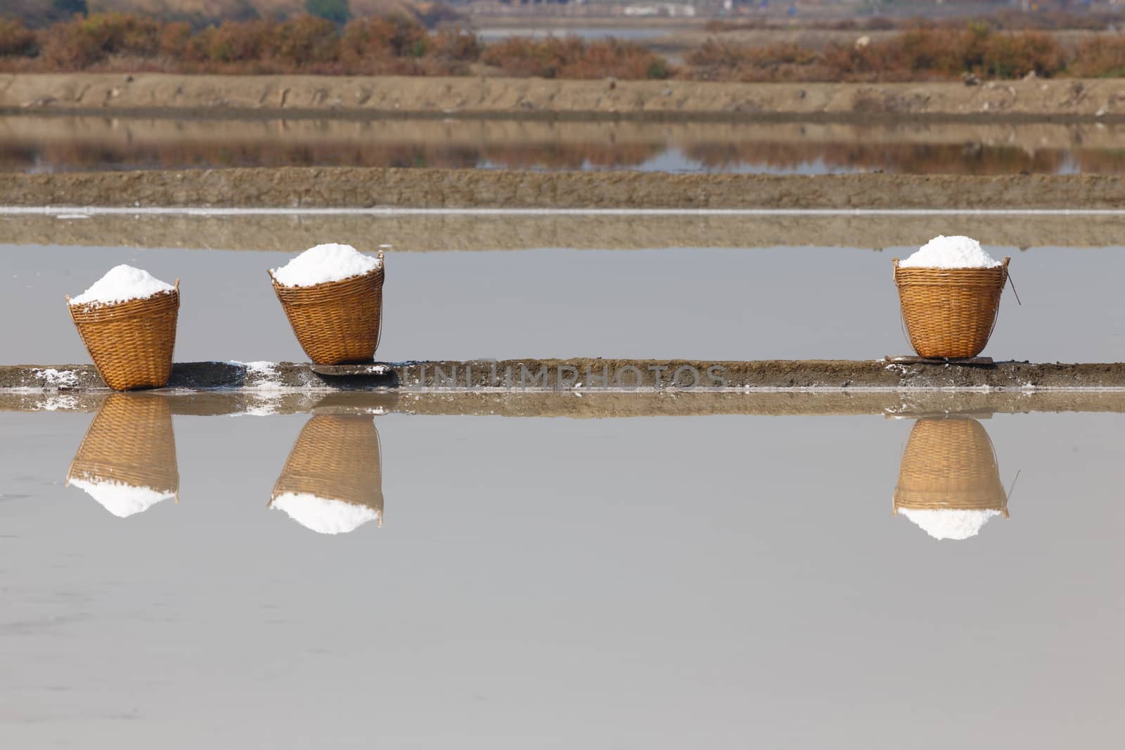 Sea salt in the bamboo basket and its reflection on salt farm.