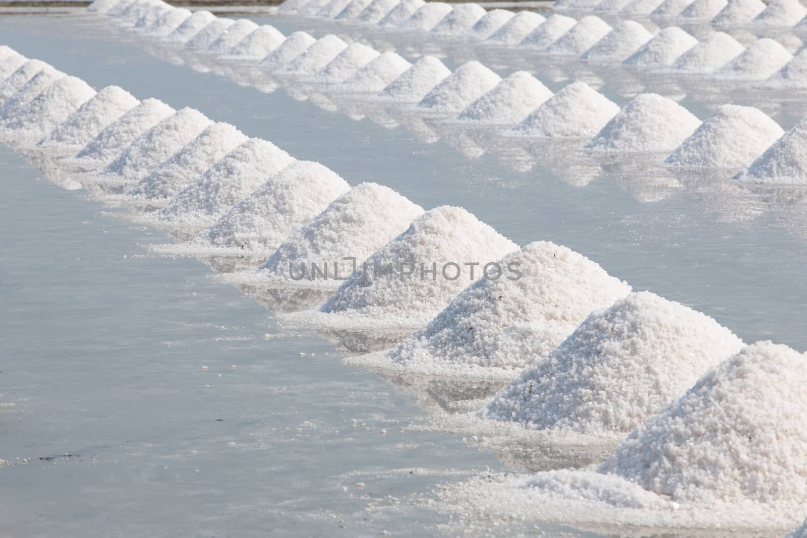 Heap of sea salt in salt farm ready for harvest,  Thailand.
