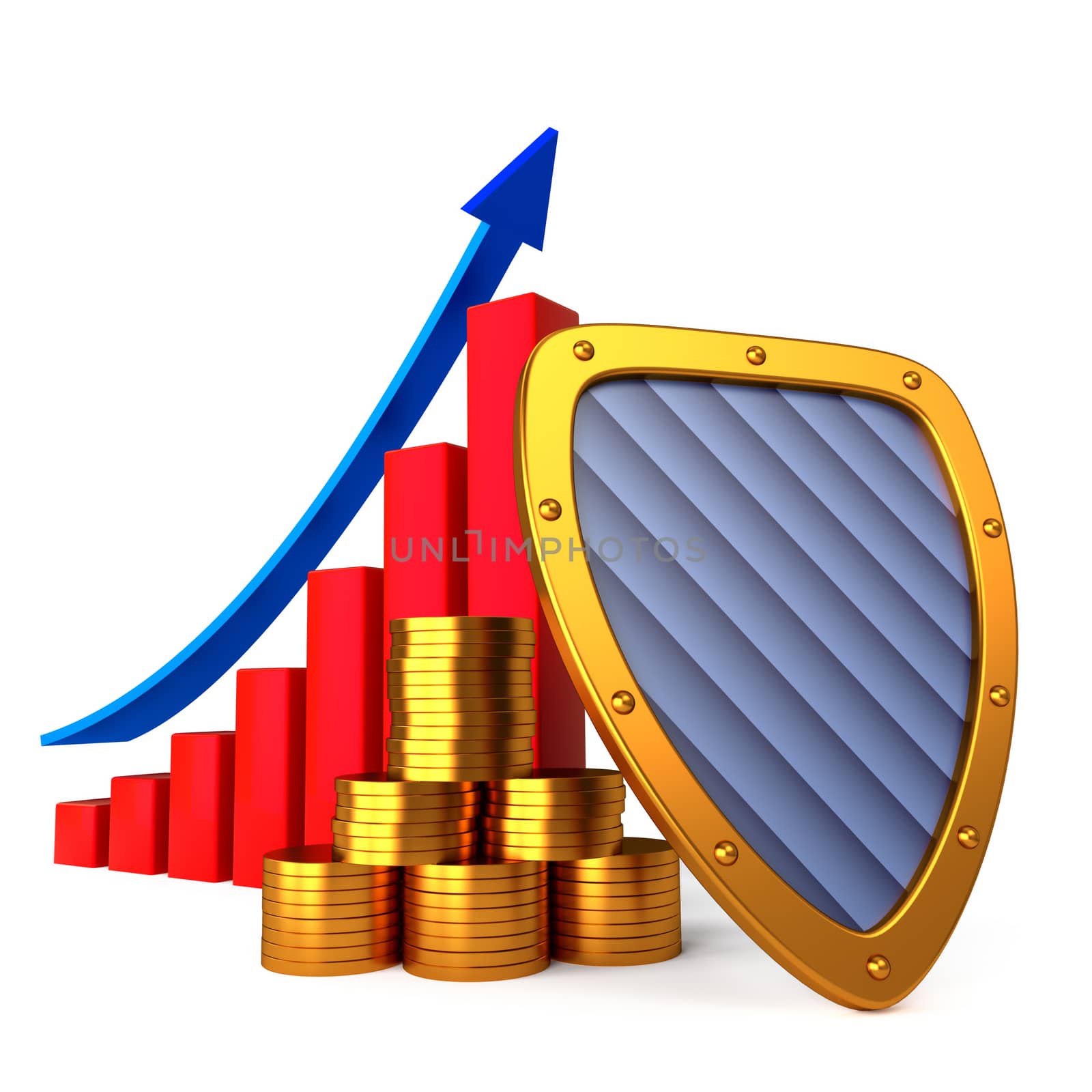 Coins chart and shield, business stability concept