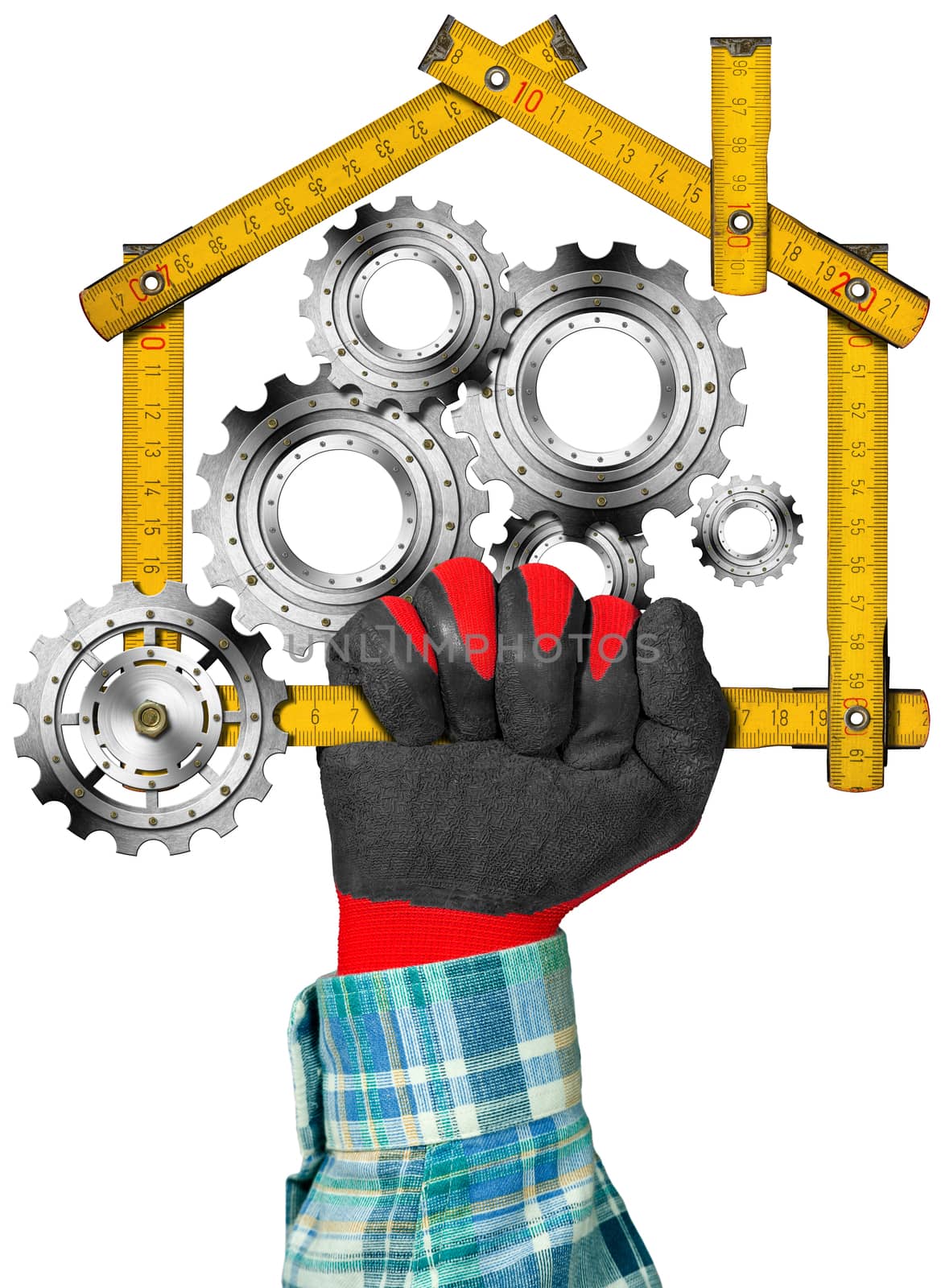 Hand with work glove holding a yellow wooden meter ruler in the shape of house with gears, symbol of house industry. Isolated on a white background
