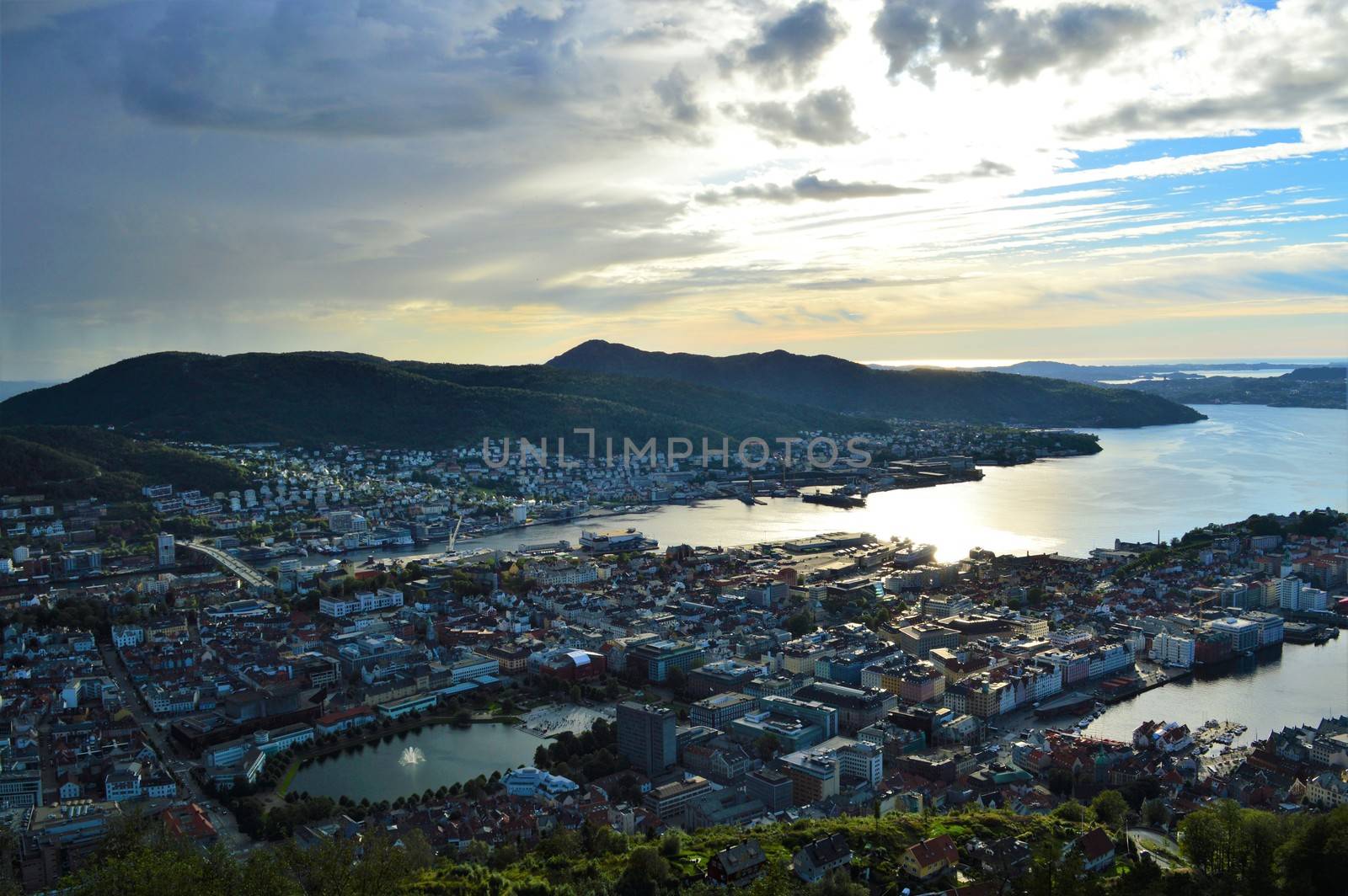 A panoramic image of Bergen taken just after sunset.